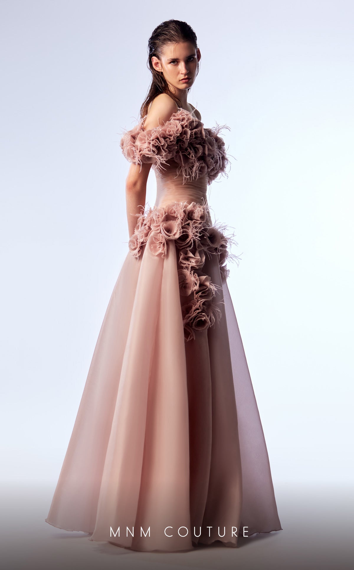 MNM Couture G1737 Pleated Long Formal Floral Feather Prom Dress