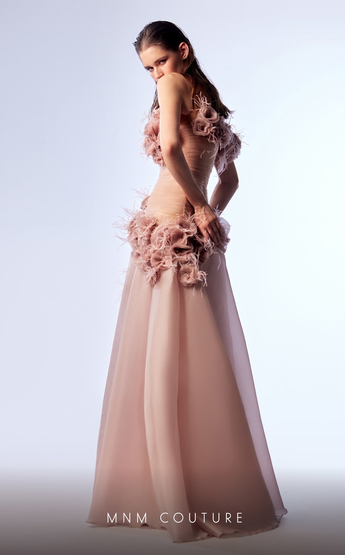 MNM Couture G1737 Pleated Long Formal Floral Feather Prom Dress