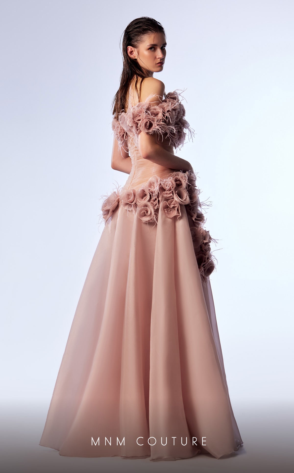 MNM Couture G1737 Pleated Long Formal Floral Feather Prom Dress