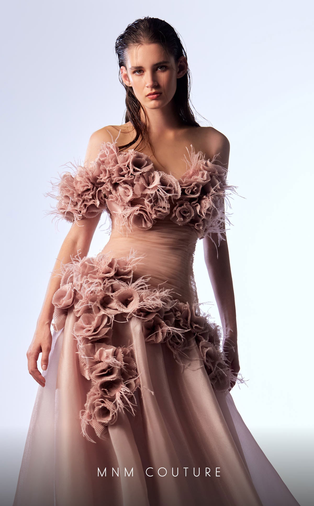 MNM Couture G1737 Pleated Long Formal Floral Feather Prom Dress