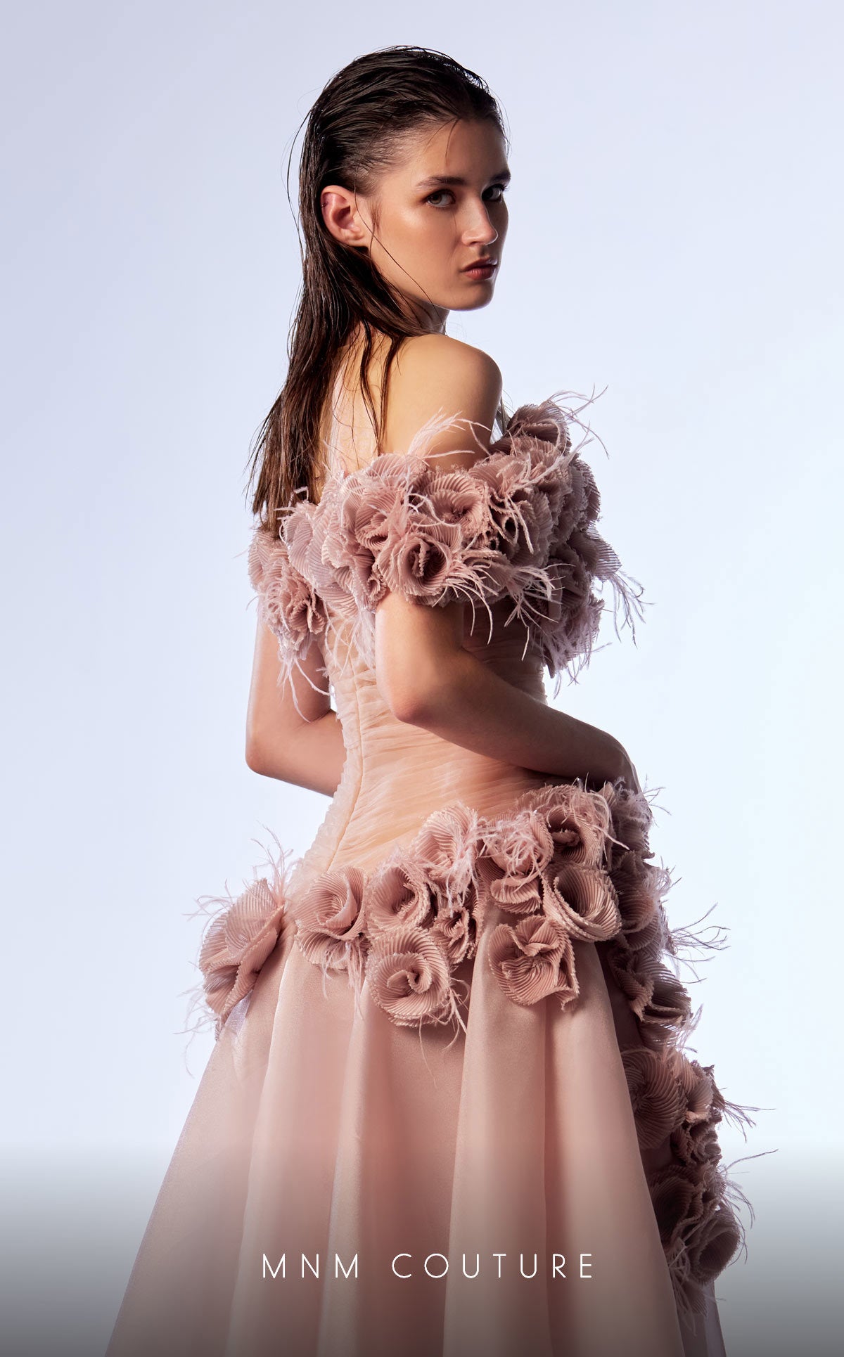 MNM Couture G1737 Pleated Long Formal Floral Feather Prom Dress
