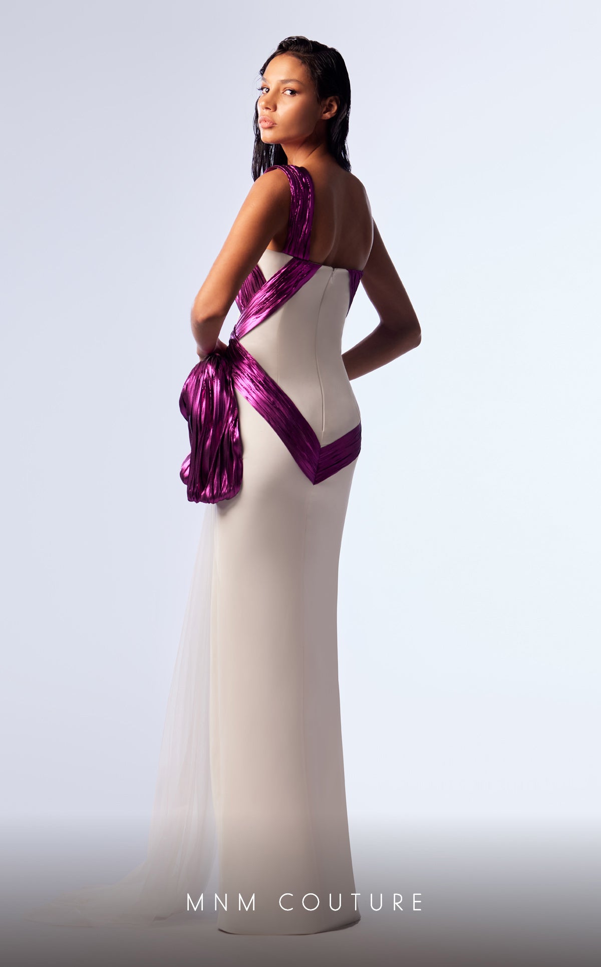 MNM Couture G1741 Fitted Long Formal Slit Metallic Prom Dress