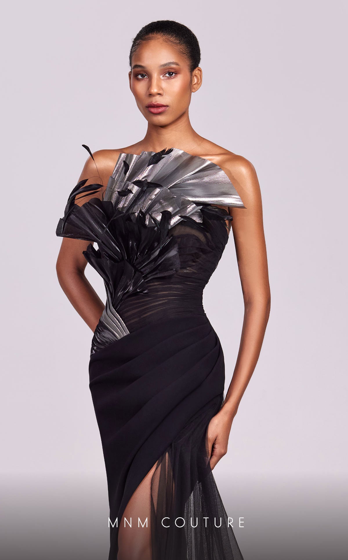 MNM Couture G1800 Pleated Metallic Long Formal Fitted Prom Dress
