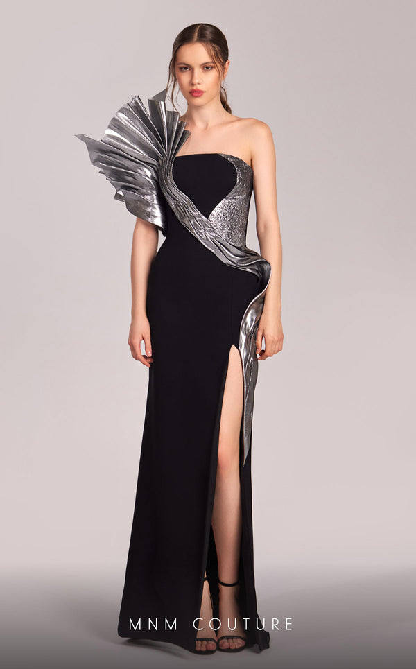 MNM Couture G1805 Pleated Long Formal Fitted Metallic Prom Dress