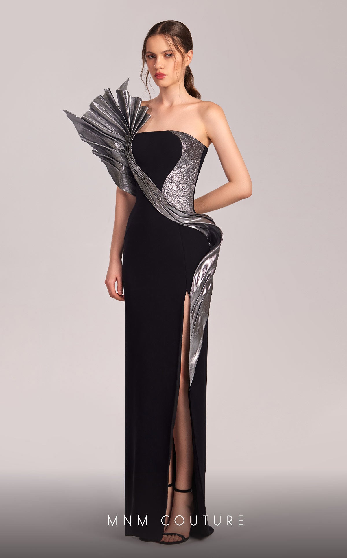 MNM Couture G1805 Pleated Long Formal Fitted Metallic Prom Dress