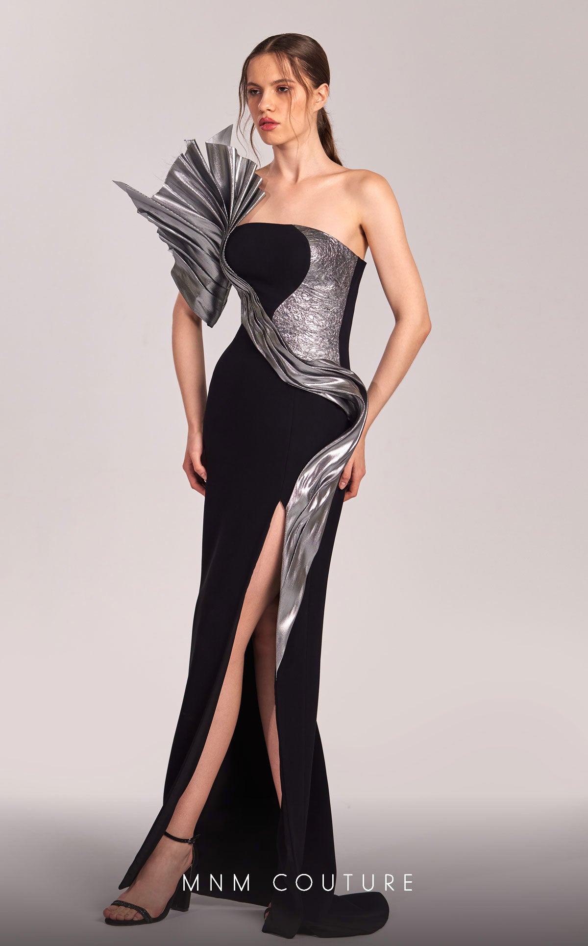 MNM Couture G1805 Pleated Long Formal Fitted Metallic Prom Dress