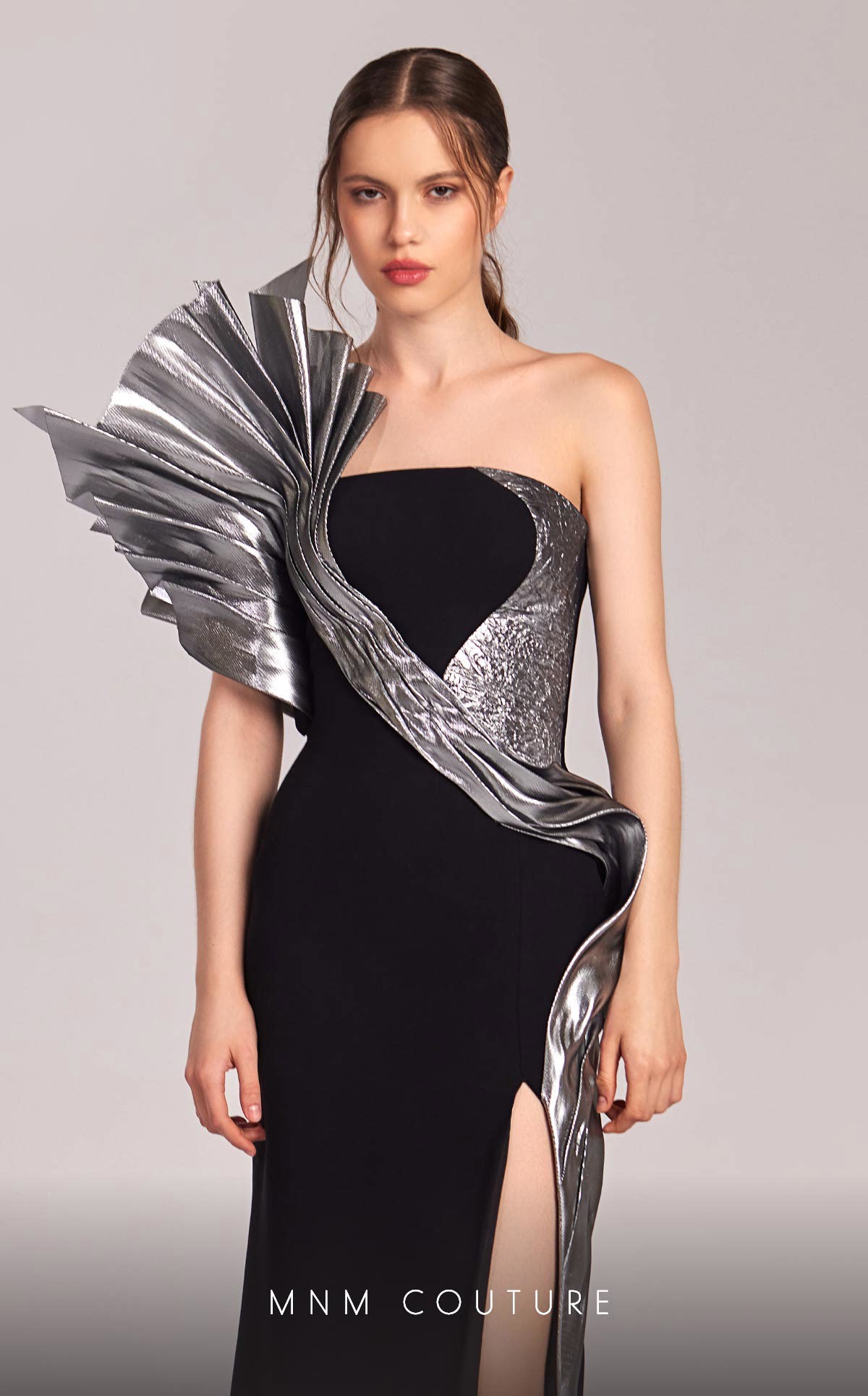 MNM Couture G1805 Pleated Long Formal Fitted Metallic Prom Dress