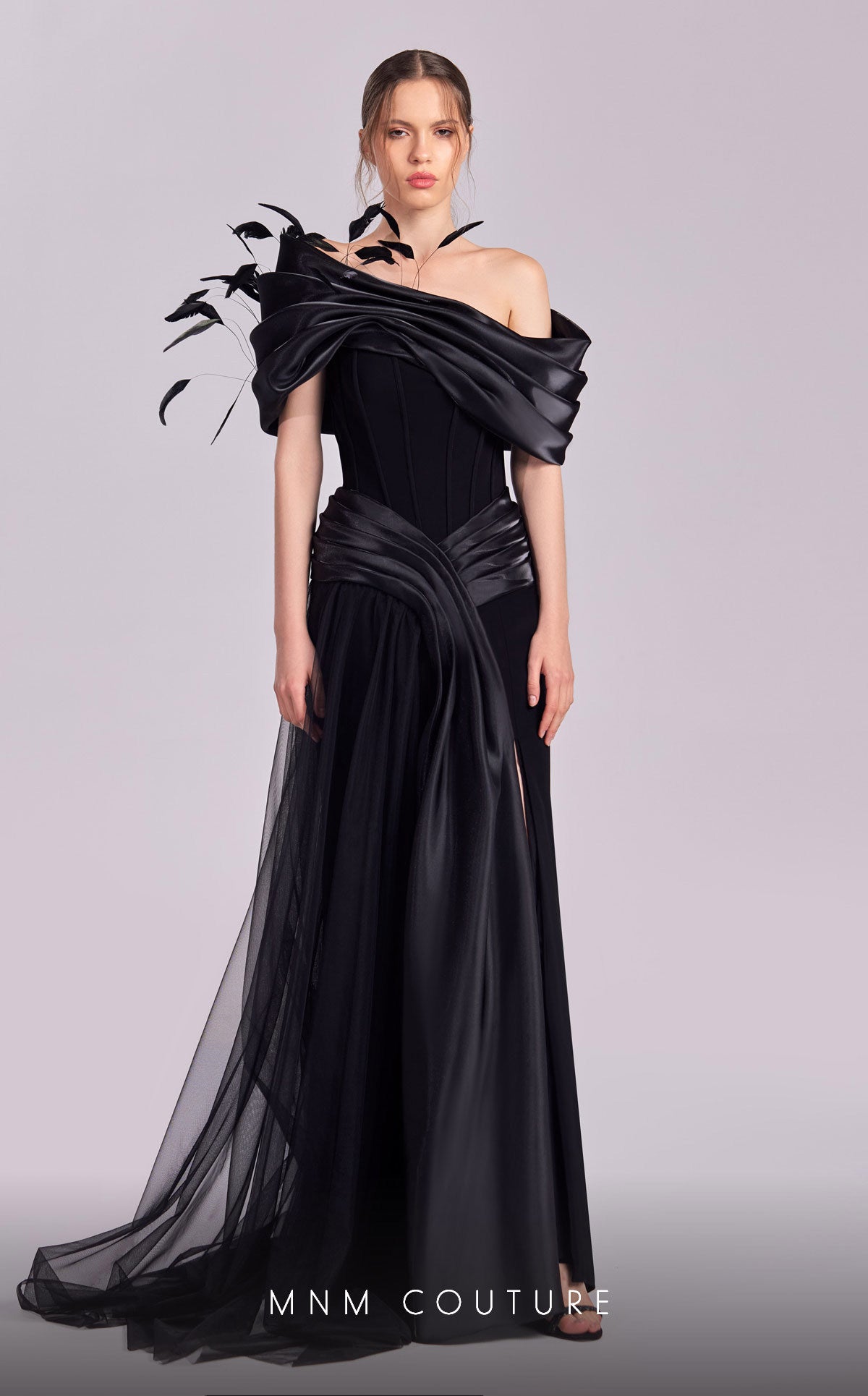 MNM Couture G1806 Long Formal Overskirt Feather Evening Dress