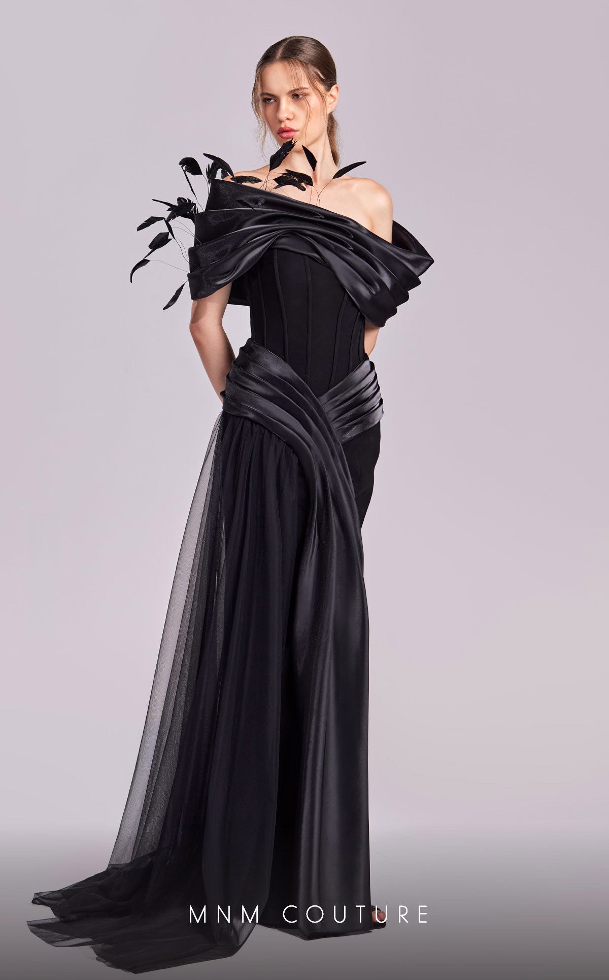 MNM Couture G1806 Long Formal Overskirt Feather Evening Dress