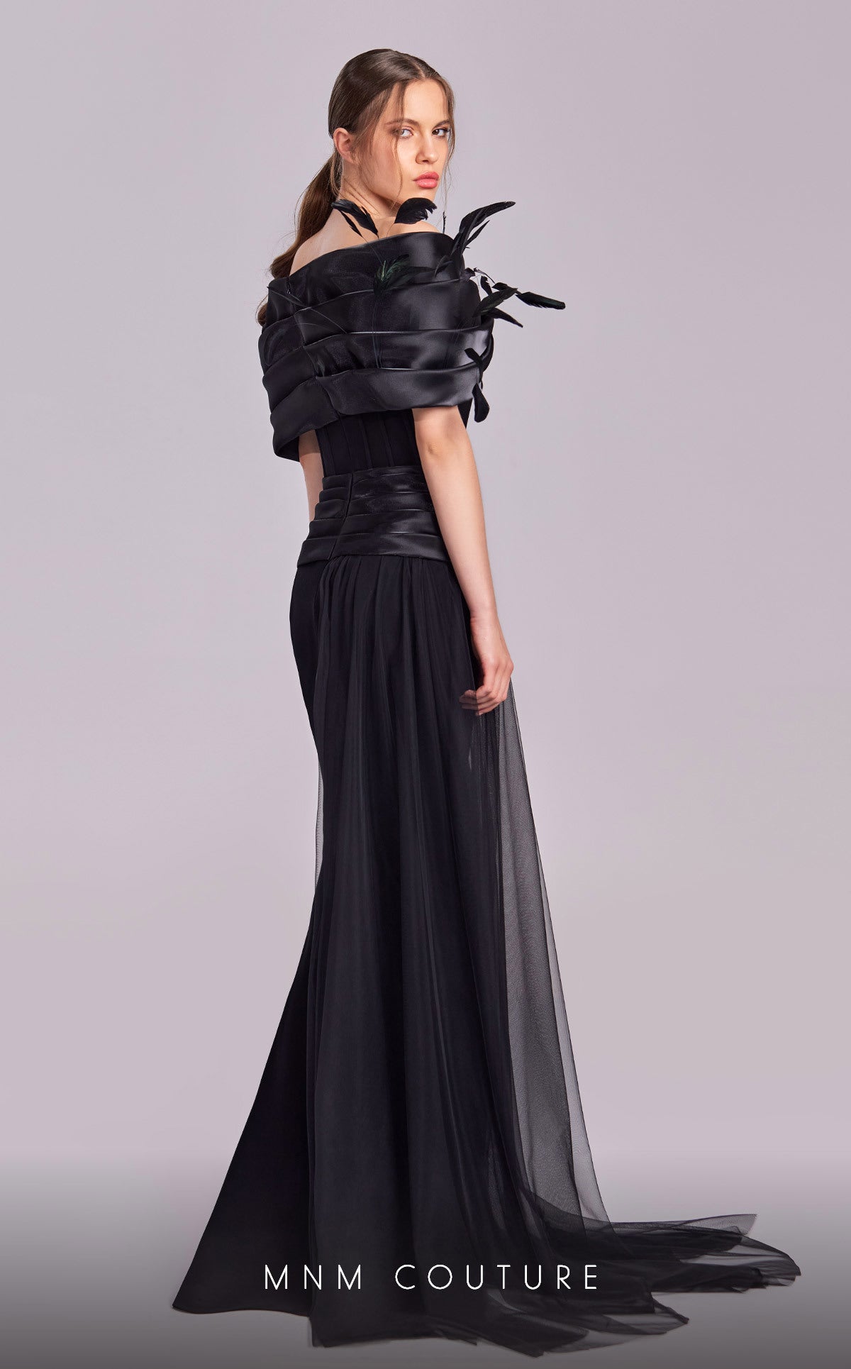 MNM Couture G1806 Long Formal Overskirt Feather Evening Dress