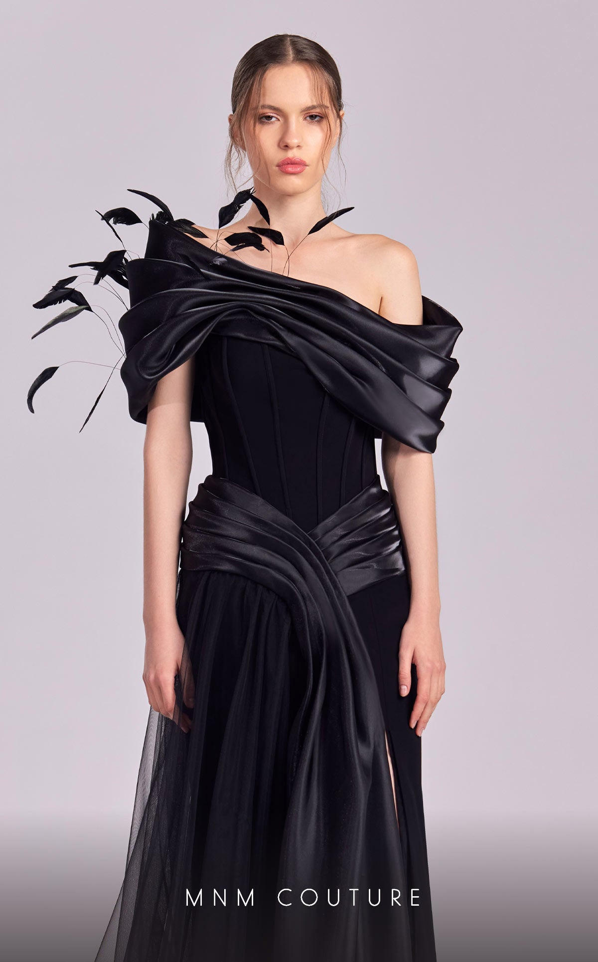 MNM Couture G1806 Long Formal Overskirt Feather Evening Dress