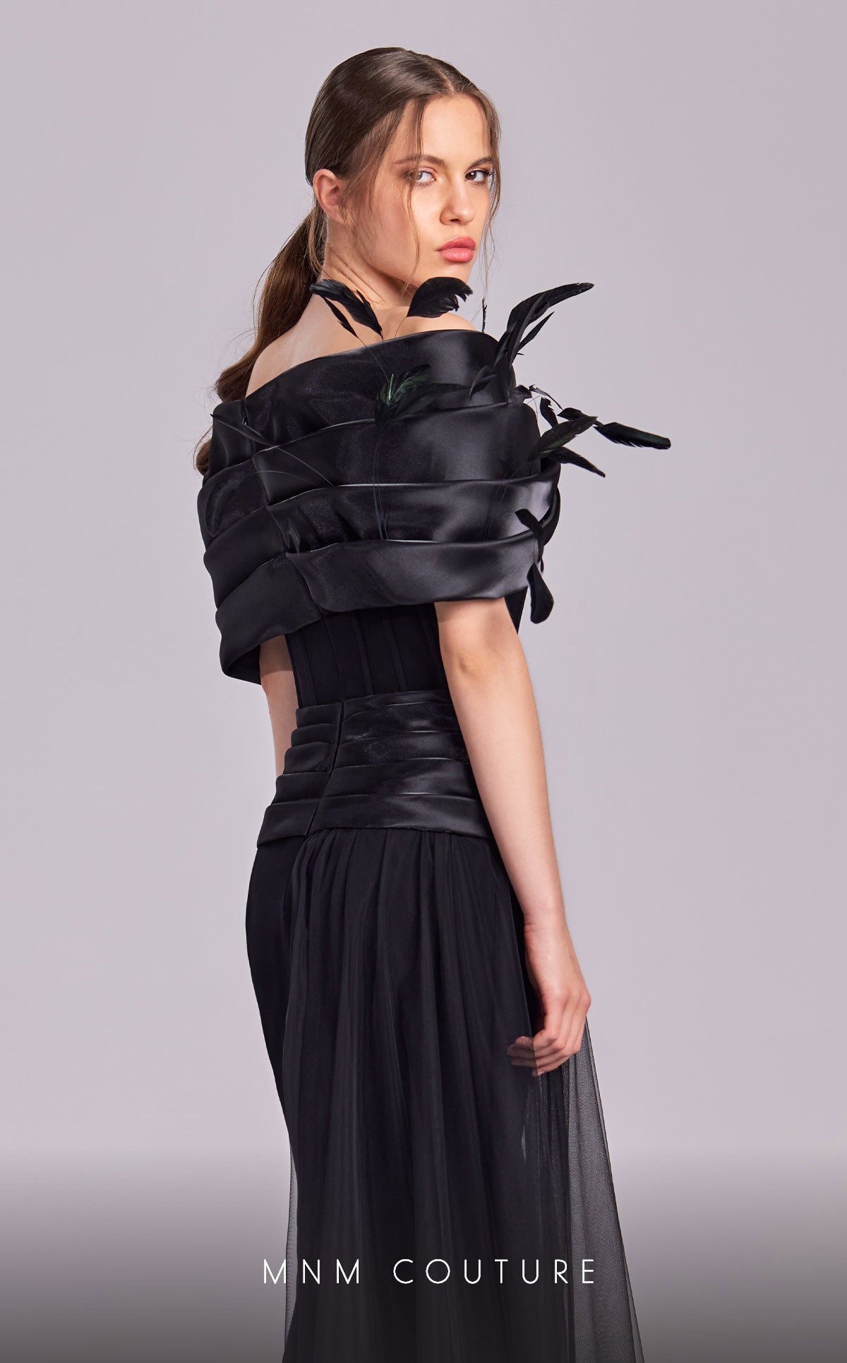 MNM Couture G1806 Long Formal Overskirt Feather Evening Dress