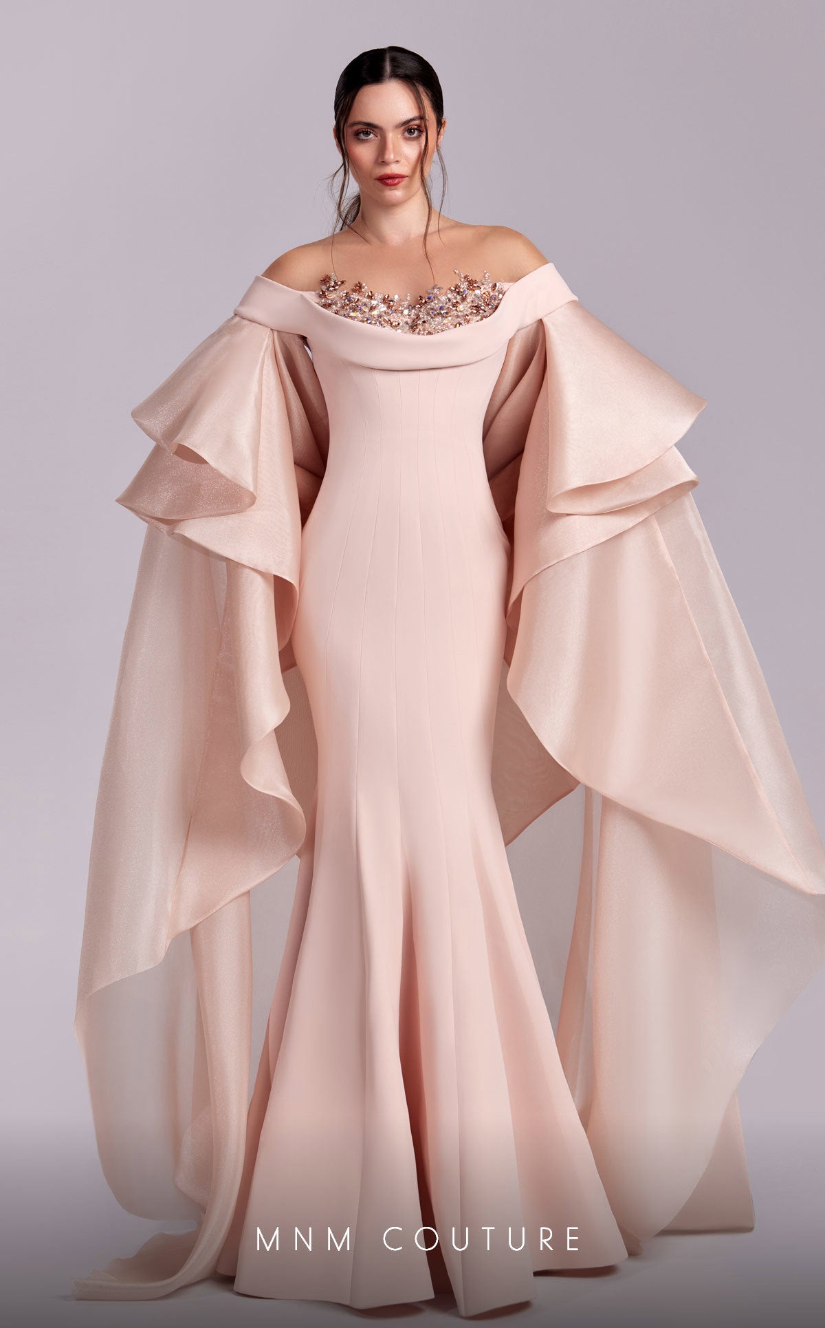 MNM Couture G1814 Mermaid Formal Long Evening Ruffled Cape Dress
