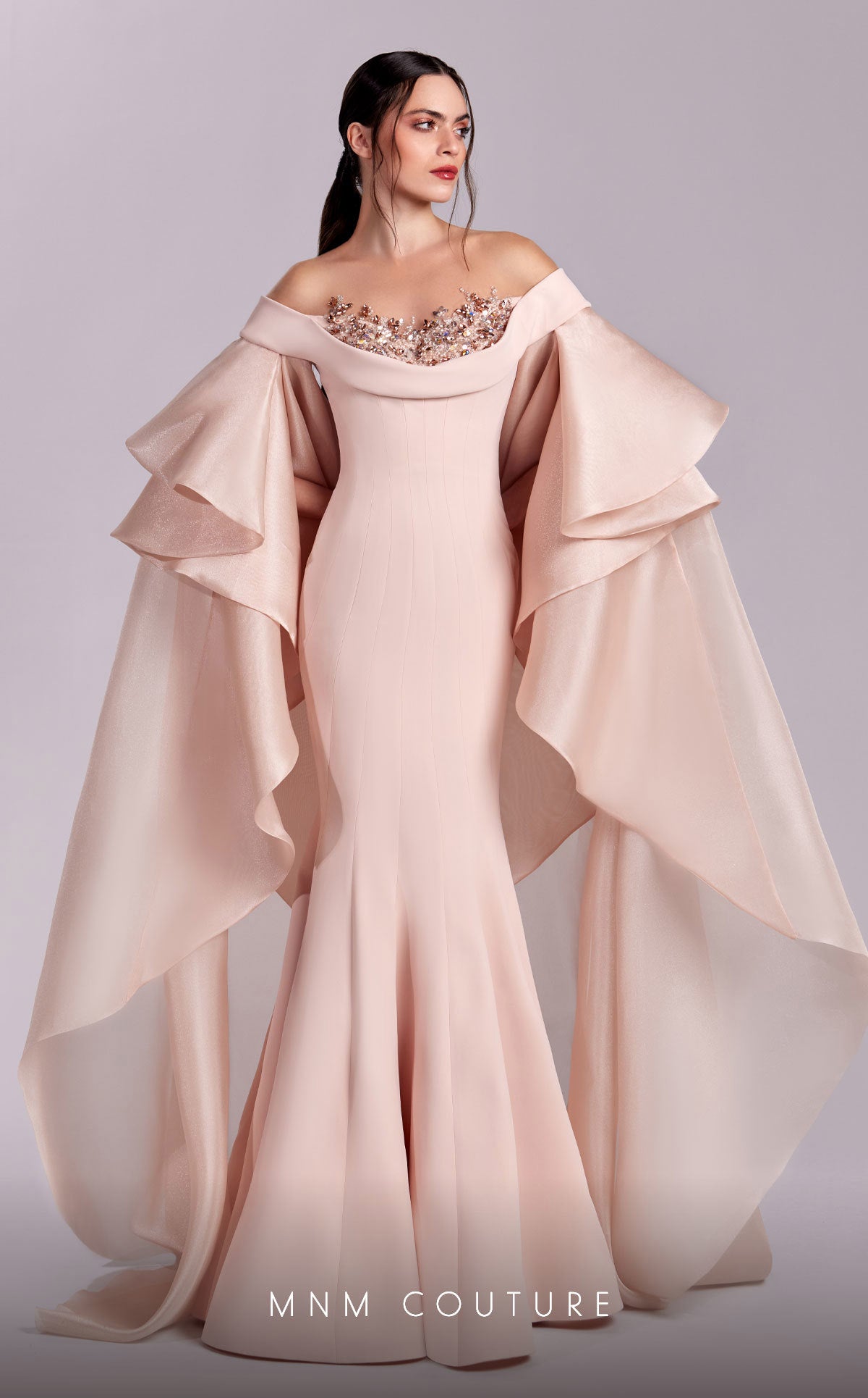 MNM Couture G1814 Mermaid Formal Long Evening Ruffled Cape Dress