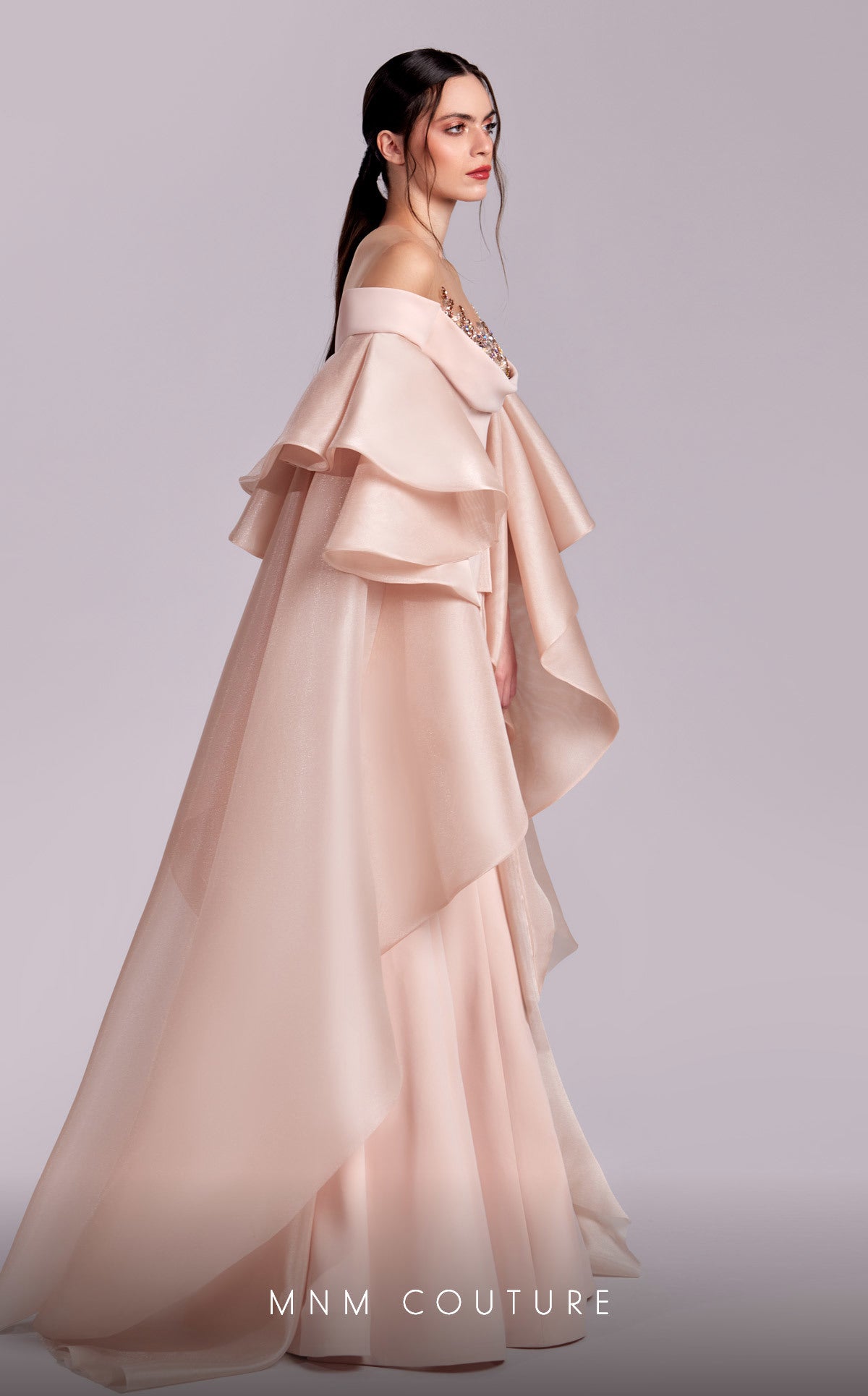 MNM Couture G1814 Mermaid Formal Long Evening Ruffled Cape Dress