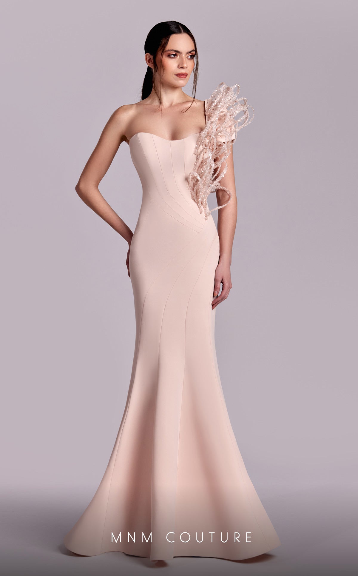 MNM Couture G1821 Mermaid Long Formal 3D Ribbed Lace Prom Dress