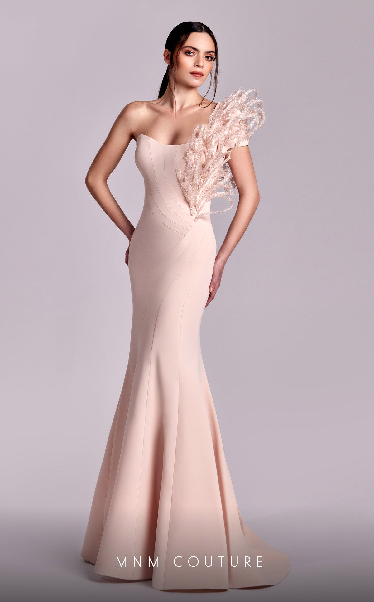 MNM Couture G1821 Mermaid Long Formal 3D Ribbed Lace Prom Dress