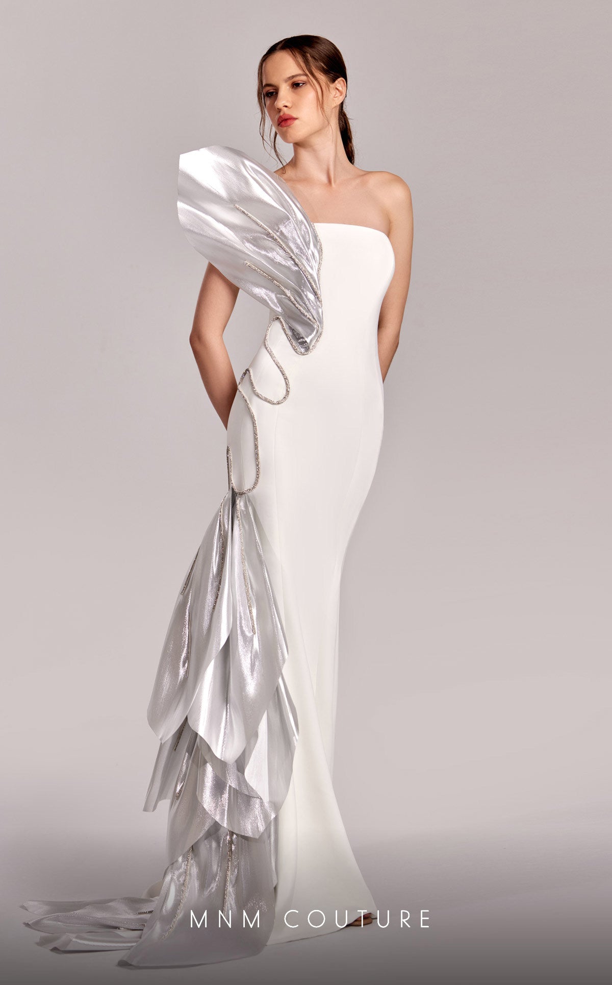 MNM Couture G1824 Mermaid Long Beaded Formal Metallic Prom Dress