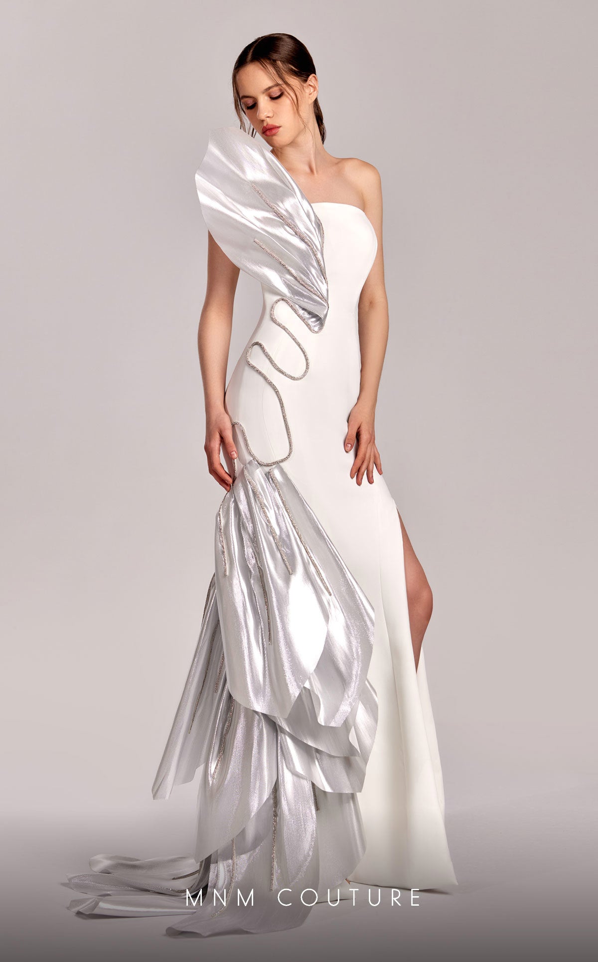 Formal Dresses Mermaid Long Beaded Formal Metallic Prom Dress Off White/Silver