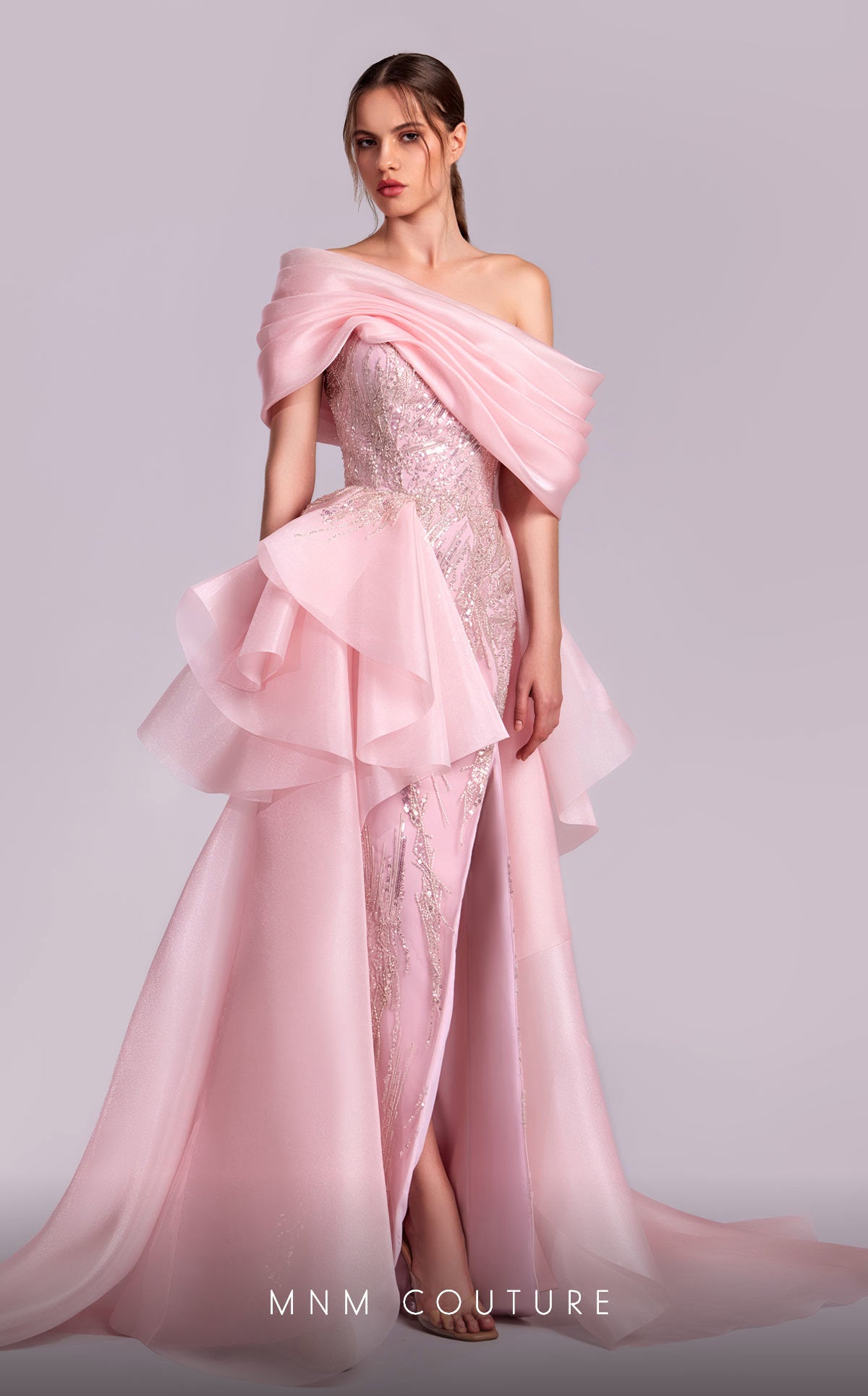 Off-the-Shoulder Floor-Length Organza Evening Sheath M Couture G1829