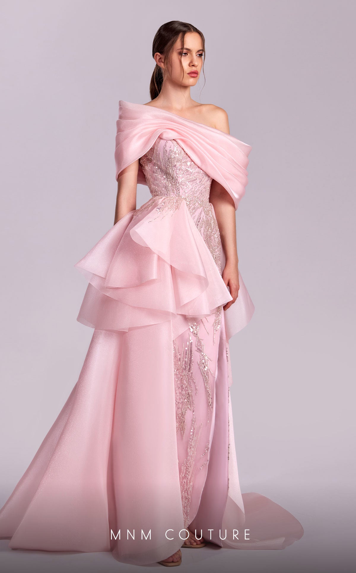 Off-the-Shoulder Floor-Length Organza Evening Sheath M Couture G1829