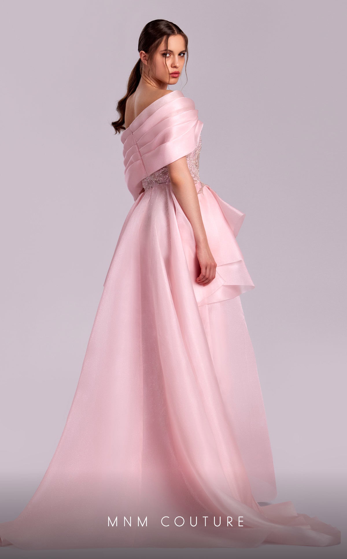 Off-the-Shoulder Floor-Length Organza Evening Sheath M Couture G1829