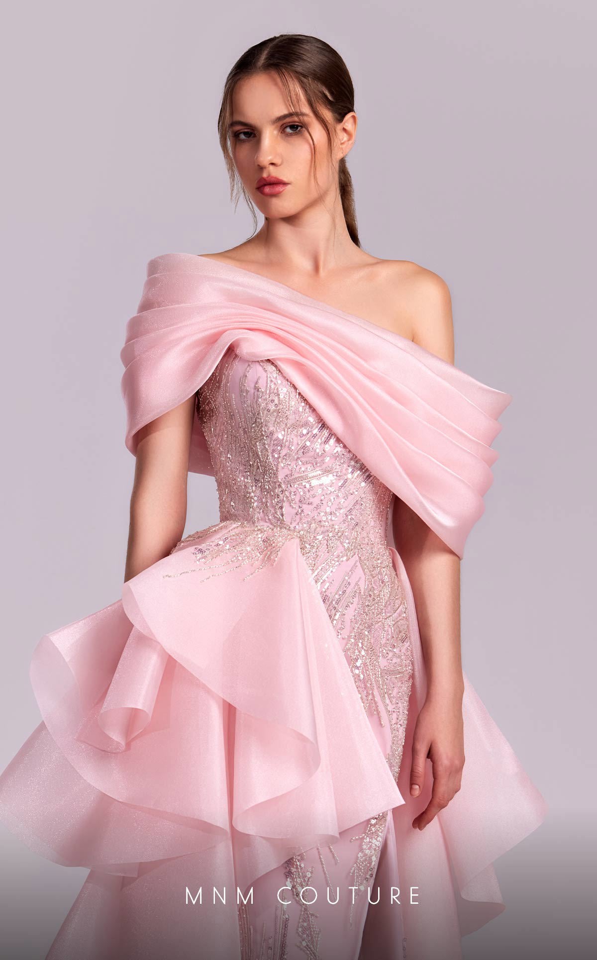 Off-the-Shoulder Floor-Length Organza Evening Sheath M Couture G1829