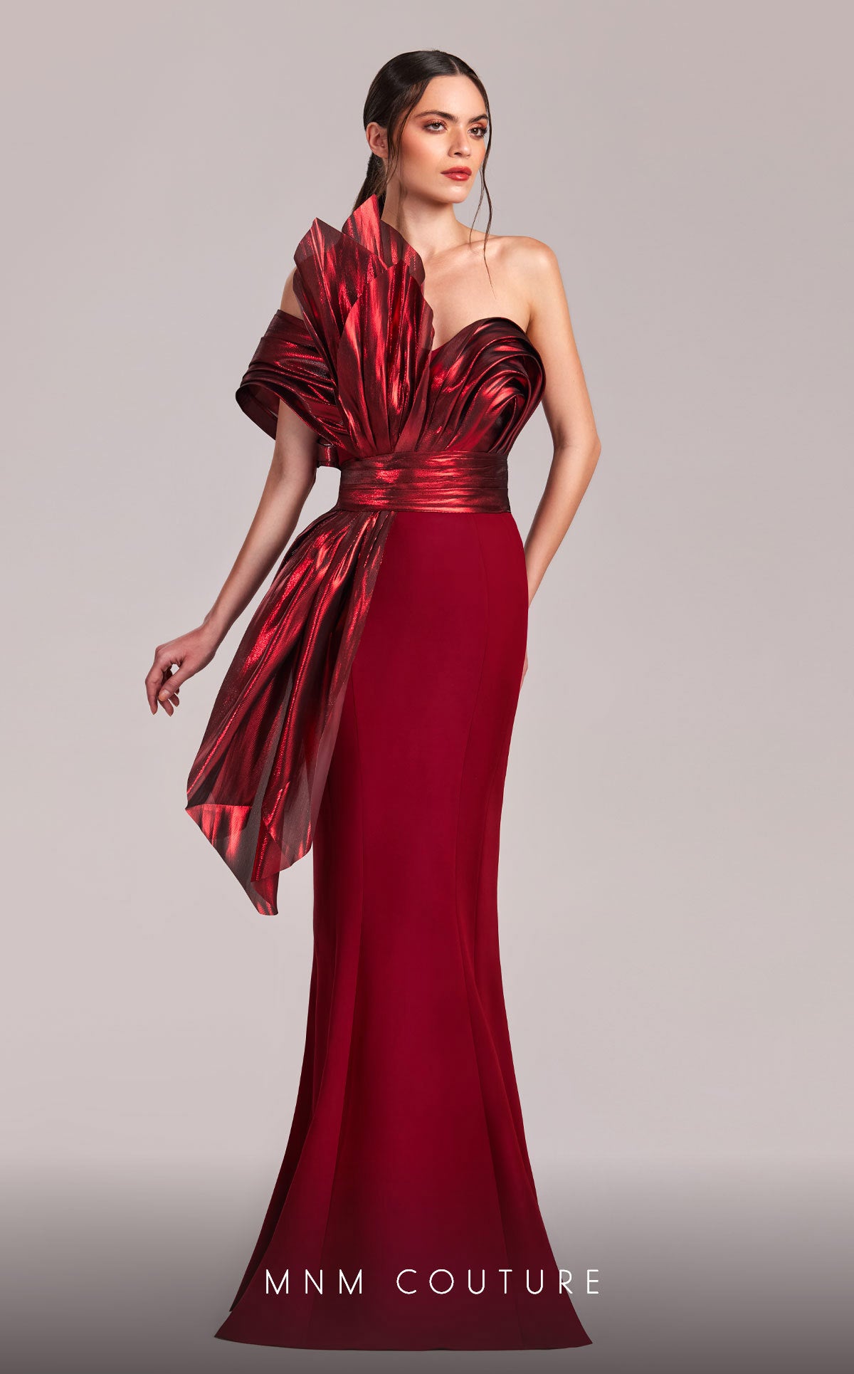 MNM Couture G1832 Long Mermaid Formal Metallic Ruffle Evening Dress