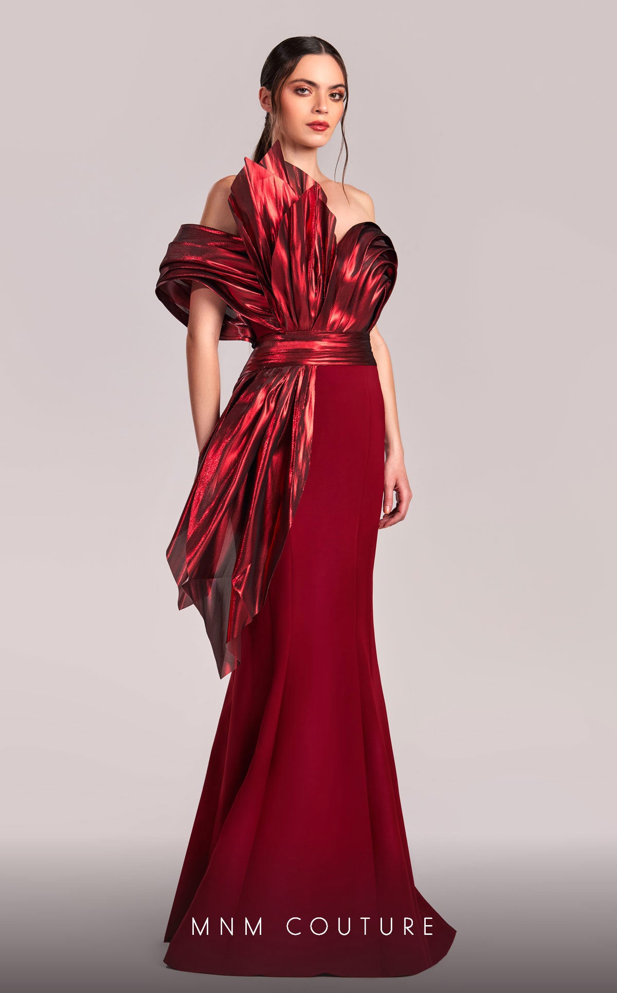 MNM Couture G1832 Long Mermaid Formal Metallic Ruffle Evening Dress