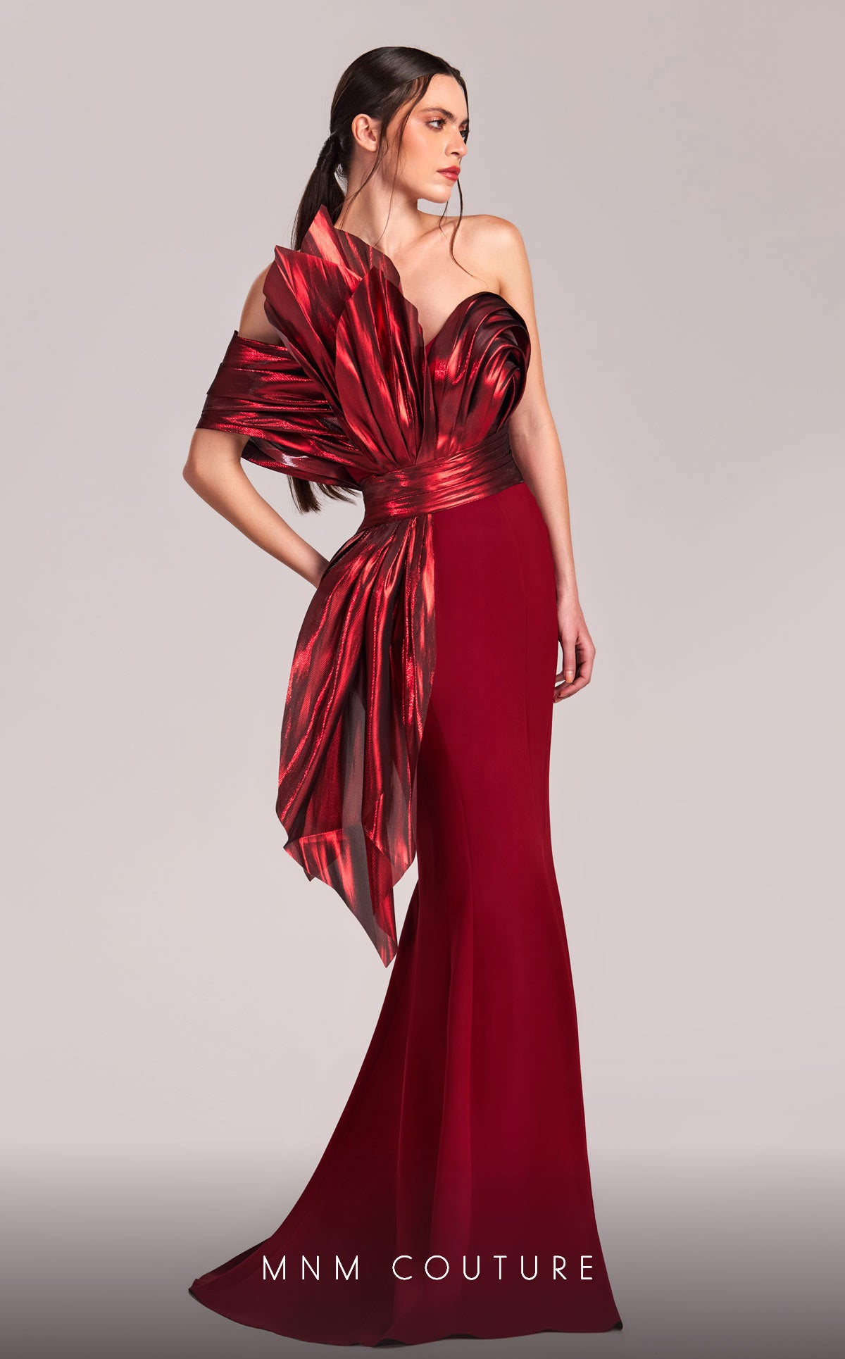 MNM Couture G1832 Long Mermaid Formal Metallic Ruffle Evening Dress