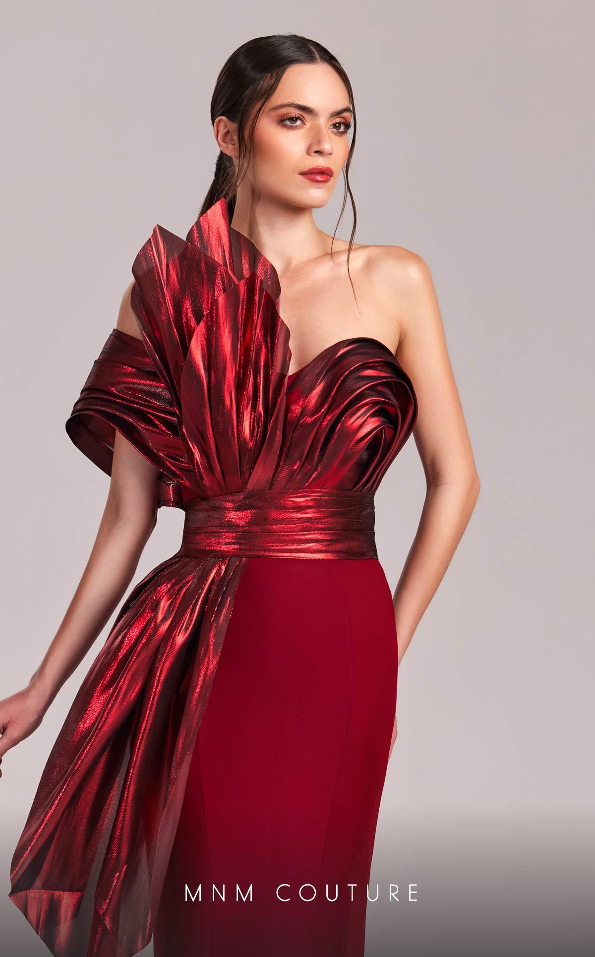 MNM Couture G1832 Long Mermaid Formal Metallic Ruffle Evening Dress