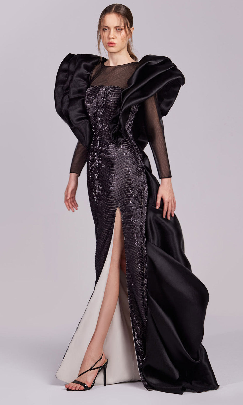 Illusion Floor-Length Satin Evening Sheath MNM Couture G1835
