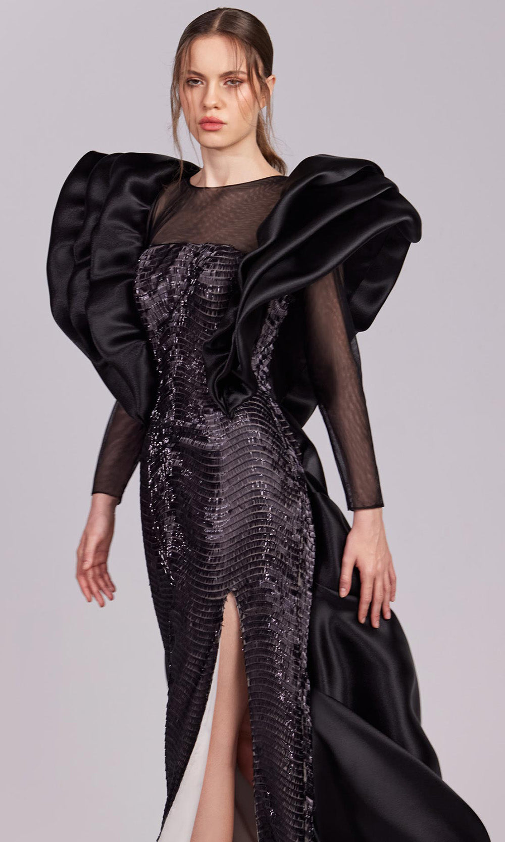 Illusion Floor-Length Satin Evening Sheath MNM Couture G1835