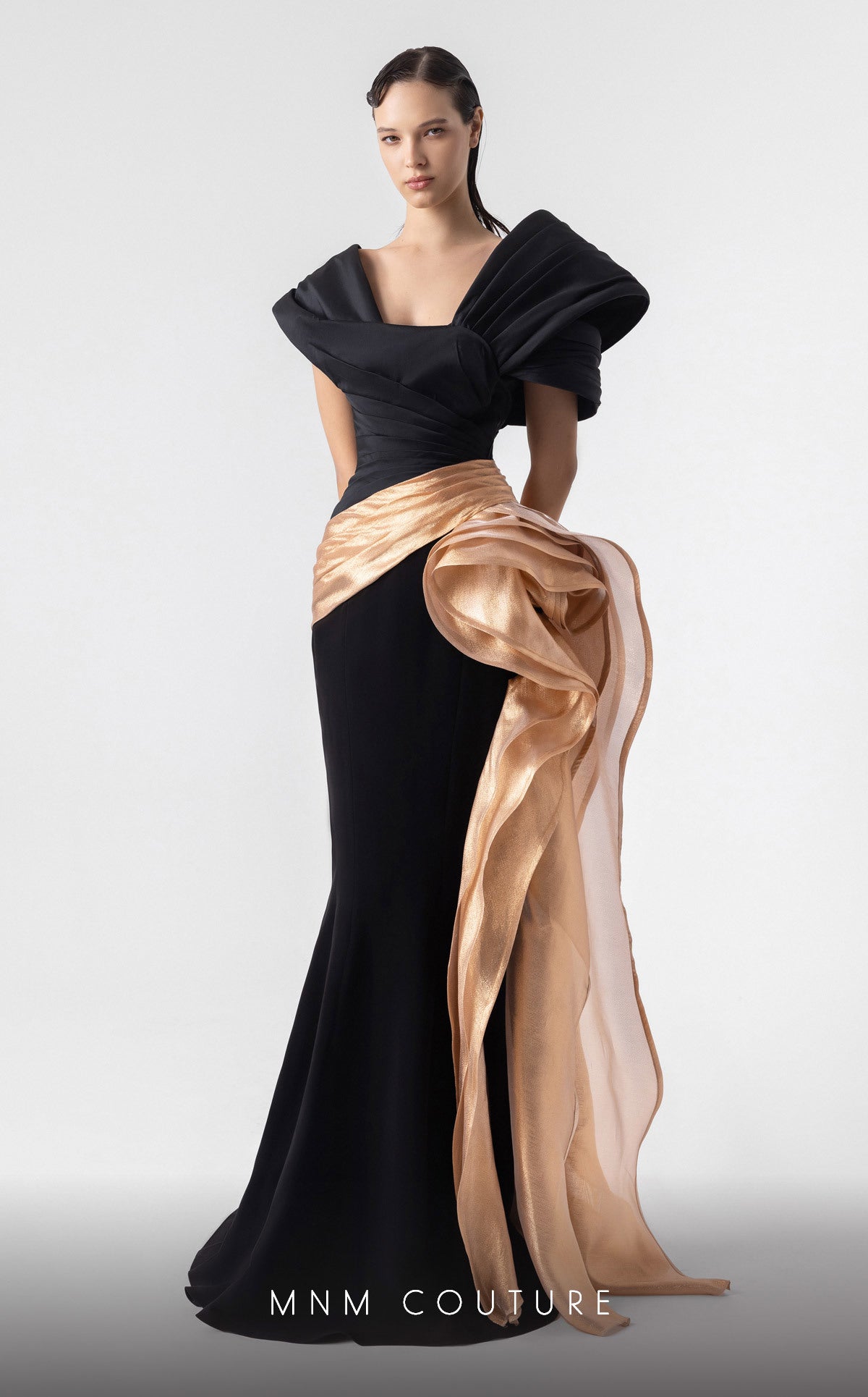 Off-Shoulder Floor-Length Satin Evening Gown by MNM Couture G1910 in Black/Gold