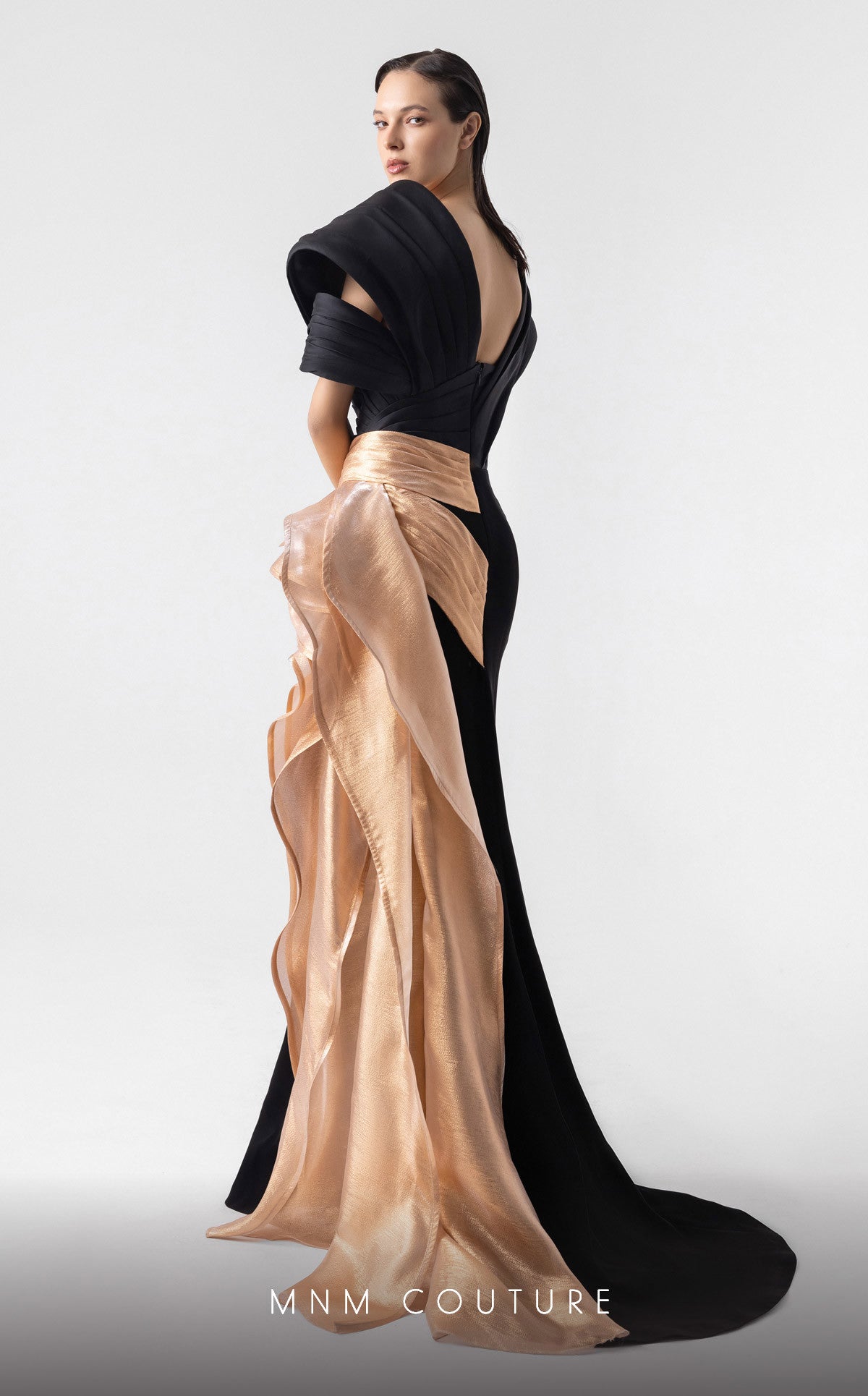 Off-Shoulder Floor-Length Satin Evening Gown by MNM Couture G1910 in Black/Gold