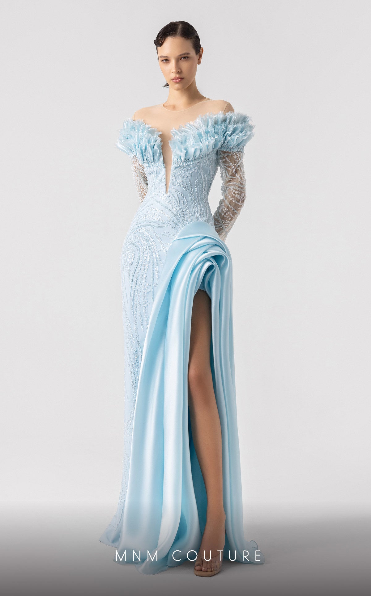 Formal Dresses Long Sleeve Prom Lace Formal Evening Dress MNM Couture G1915 Blue