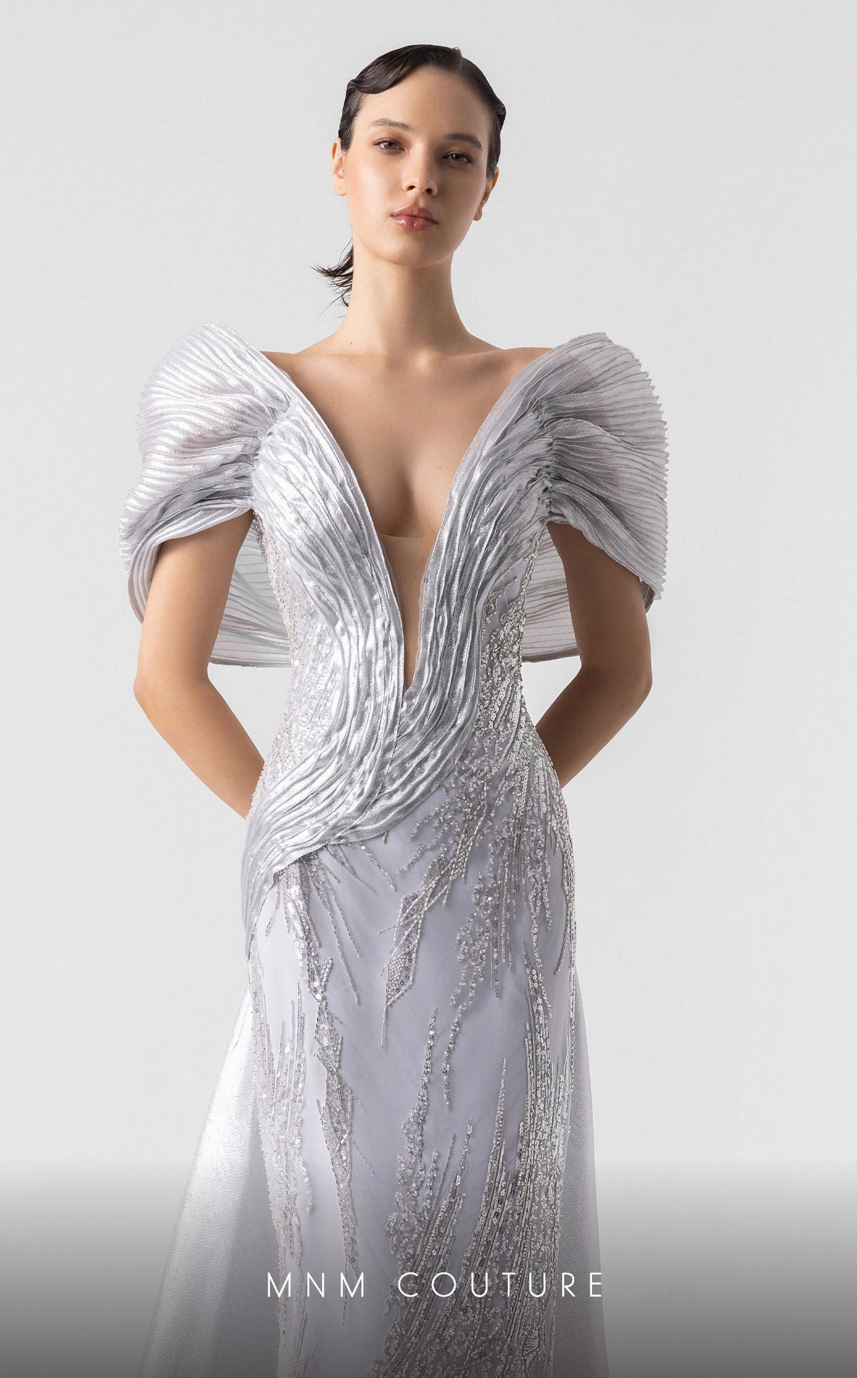 Formal Dresses Long Prom Formal Beaded Evening Dress MNM Couture G1939 Silver