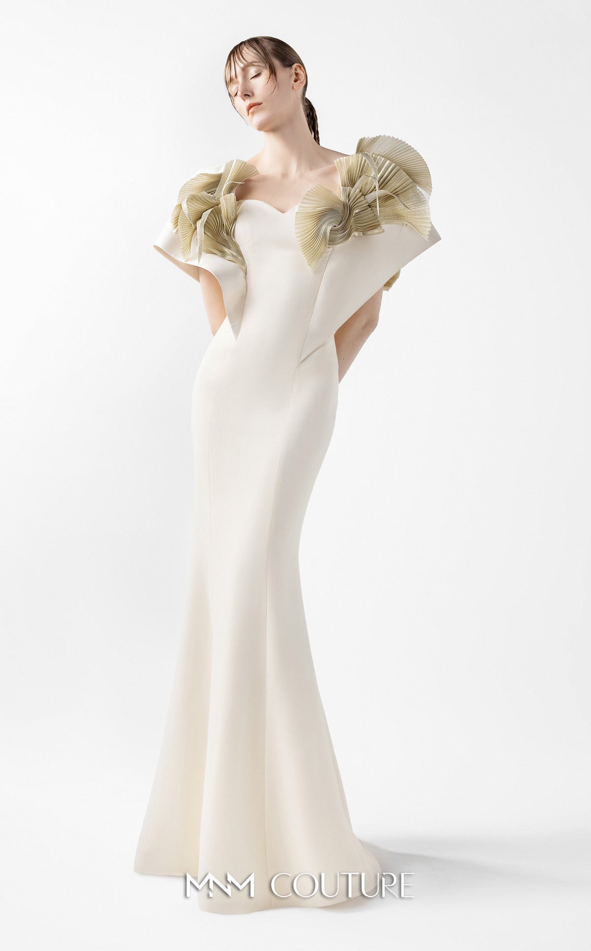 Prom Dresses Long Formal Prom Pleated Dress MNM Couture G2005 Cream