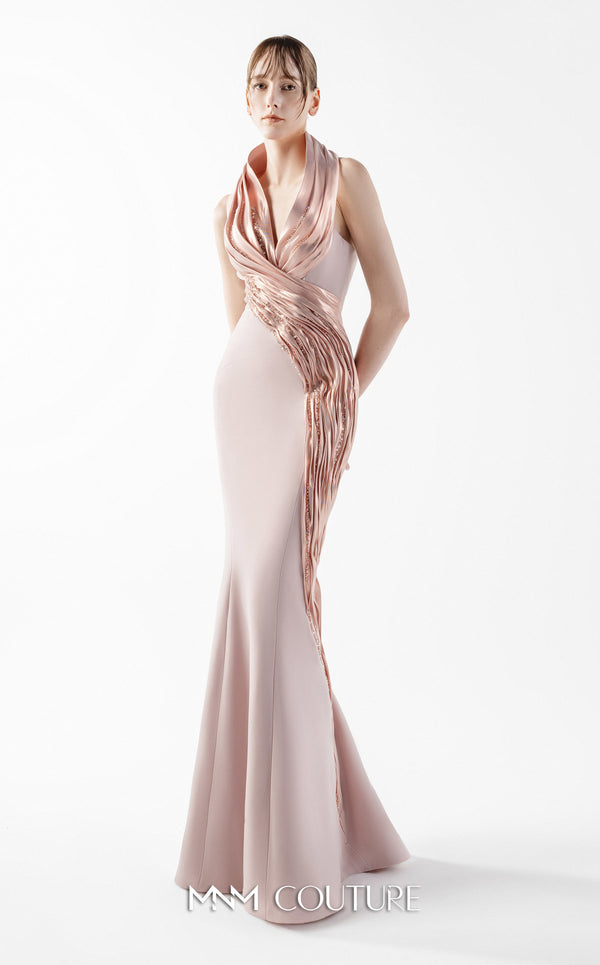 Pleated Lace Long Formal Metallic Mermaid Prom Dress MNM Couture G2012