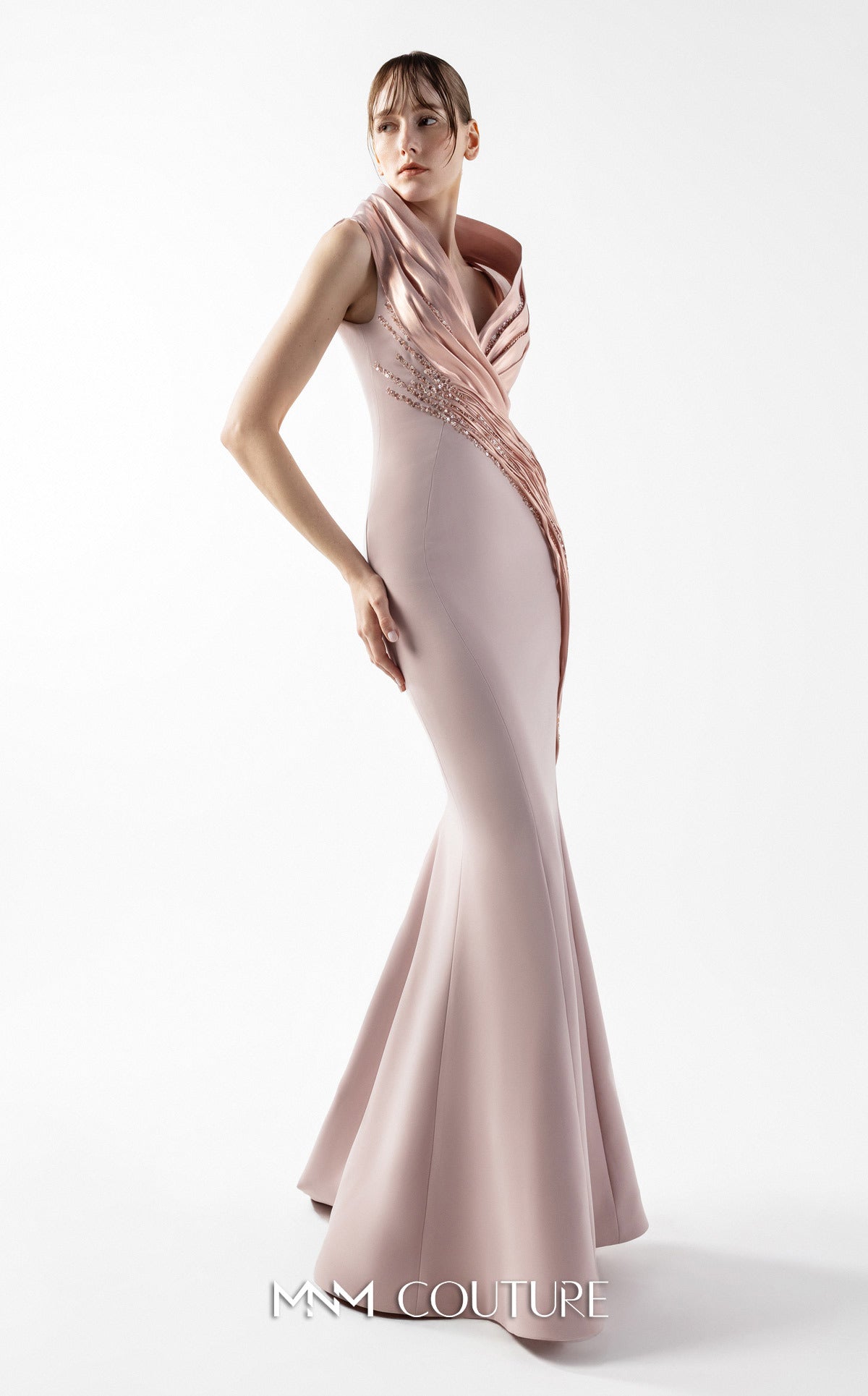 Prom Dresses Pleated Lace Long Formal Metallic Mermaid Prom Dress MNM Couture G2012 Powder