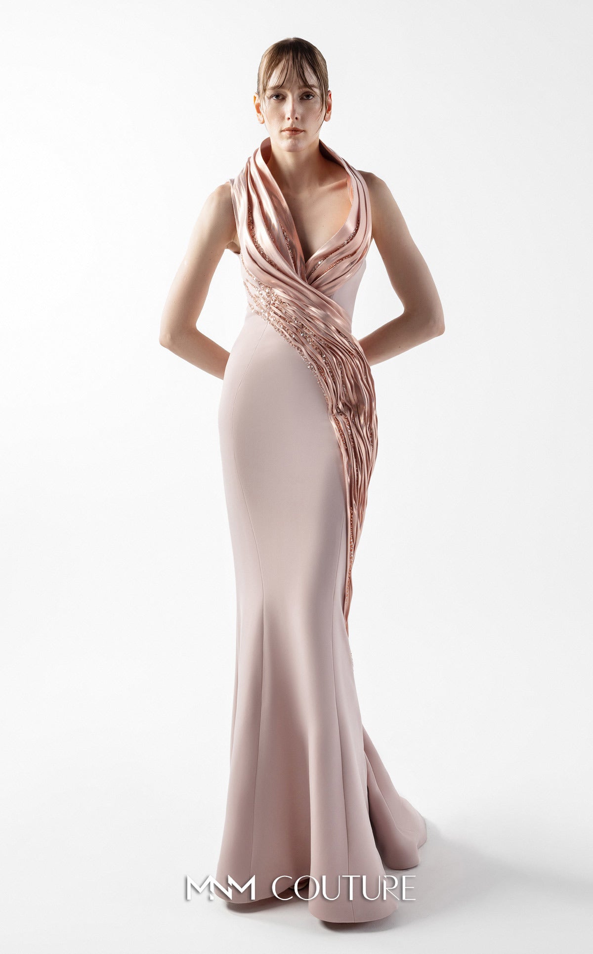 Prom Dresses Pleated Lace Long Formal Metallic Mermaid Prom Dress MNM Couture G2012 Powder
