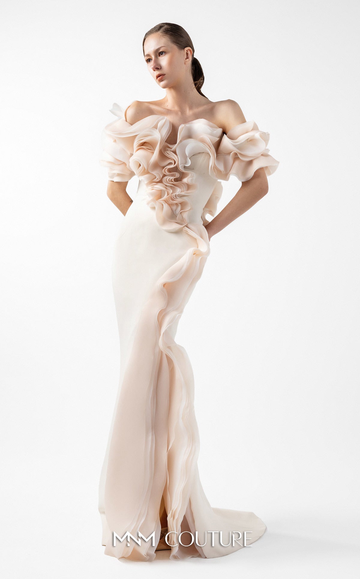 Prom Dresses Long Formal Ruffle Slit Fitted Prom Dress MNM Couture G2013 Cream