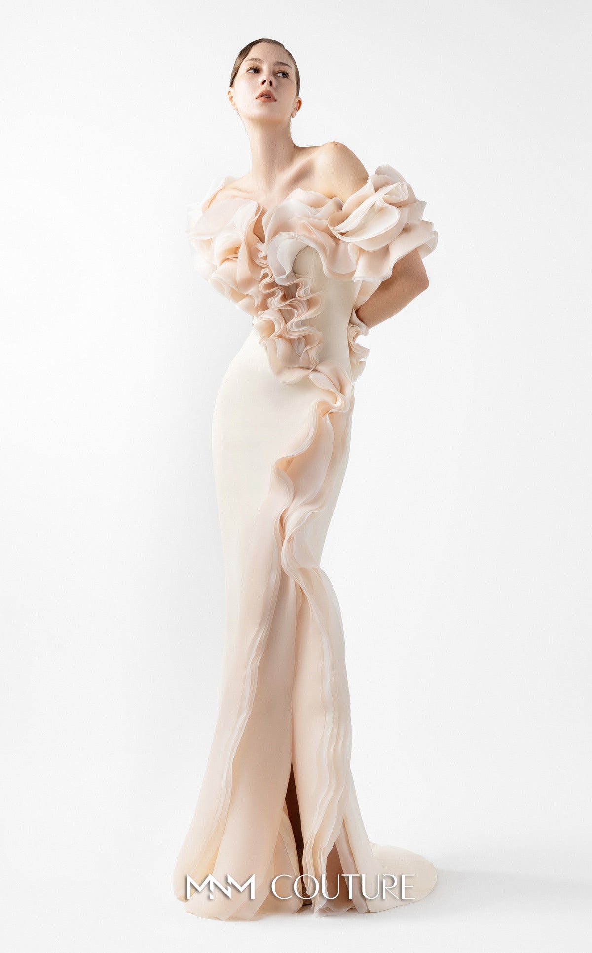 Prom Dresses Long Formal Ruffle Slit Fitted Prom Dress MNM Couture G2013 Cream