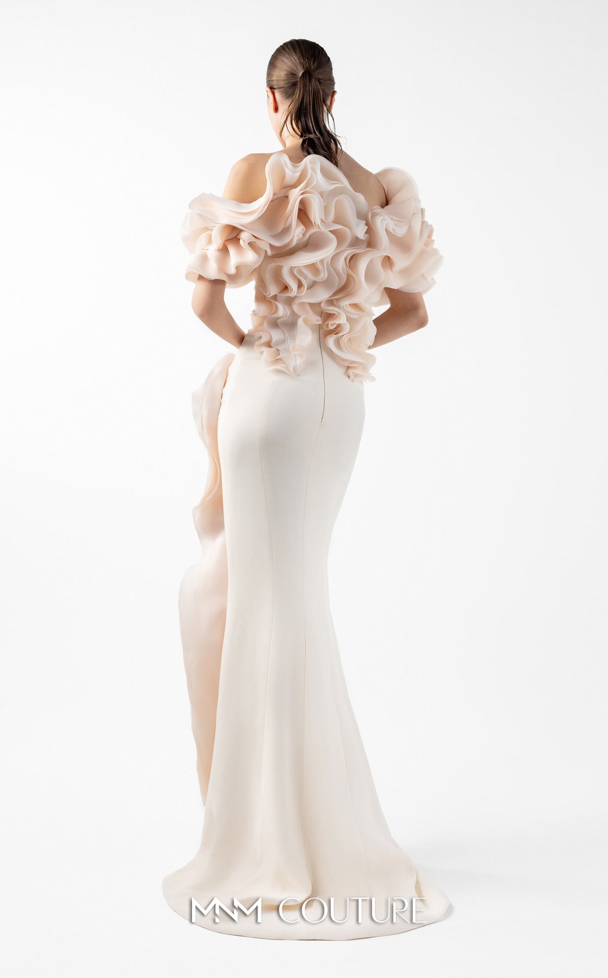 Prom Dresses Long Formal Ruffle Slit Fitted Prom Dress MNM Couture G2013 Cream