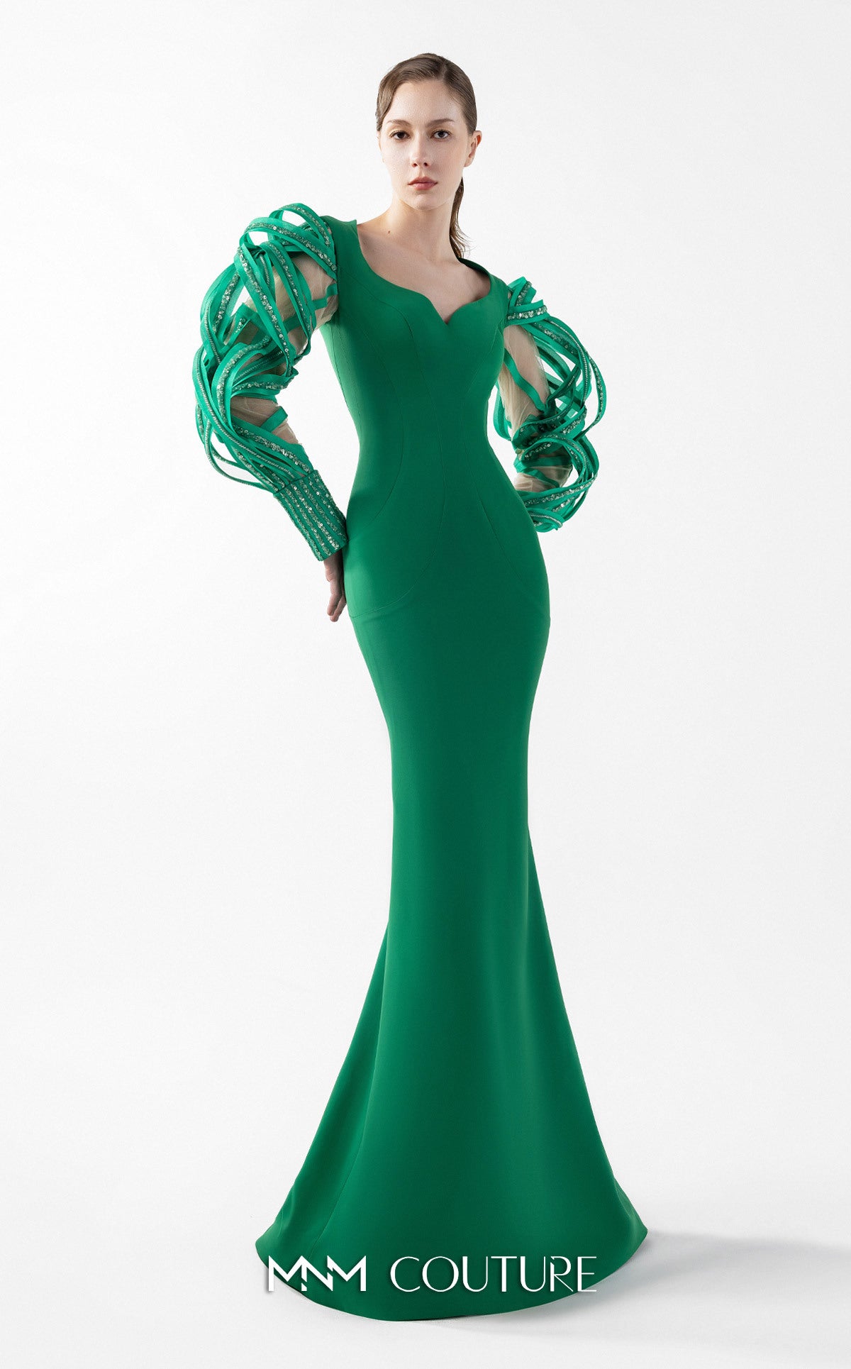 Formal Dresses Long Sleeve Mermaid Lace Formal Dress MNM Couture G2017 Green