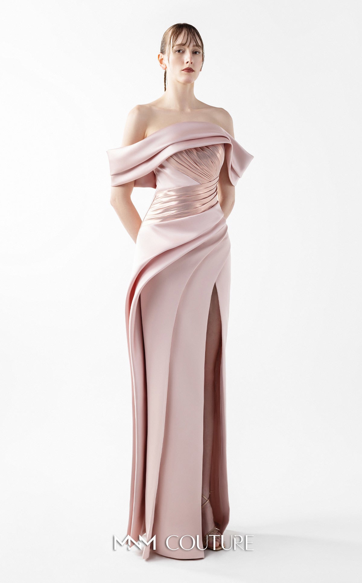 Prom Dresses Metallic Pleated Long Formal Slit Prom Dress MNM Couture G2020 Powder