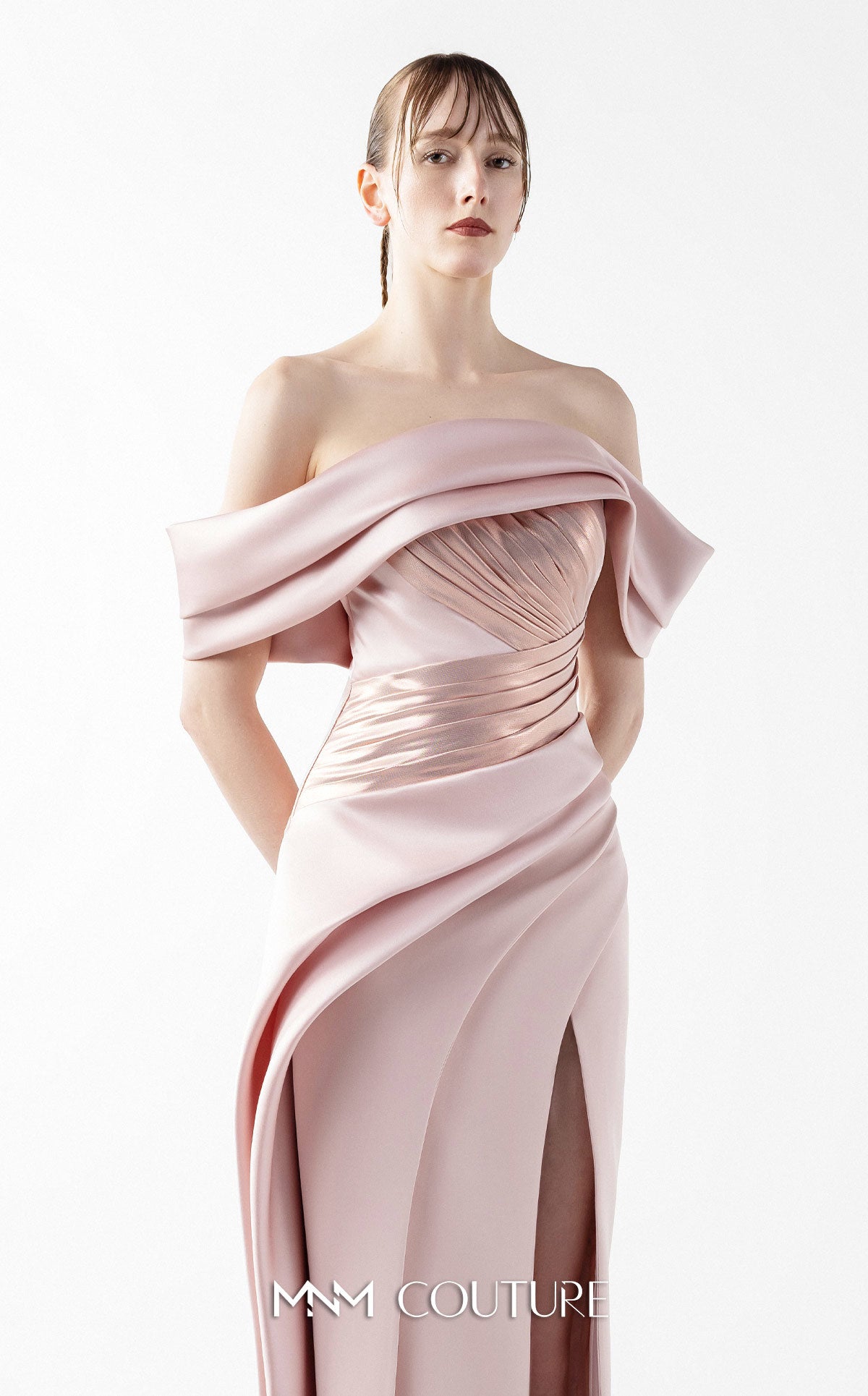 Prom Dresses Metallic Pleated Long Formal Slit Prom Dress MNM Couture G2020 Powder