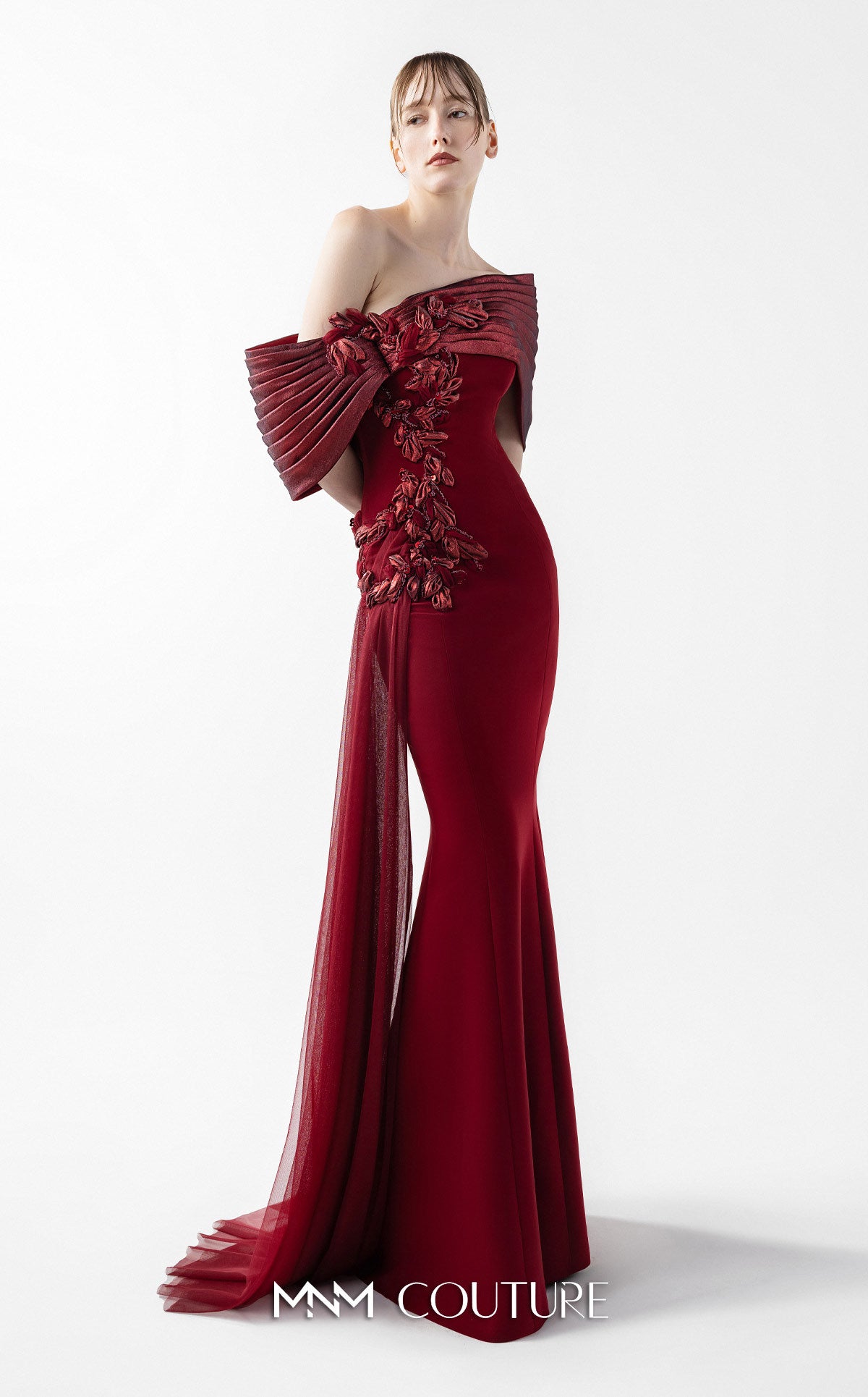 Prom Dresses Long Formal 3D Floral Mermaid Pleated Prom Dress MNM Couture G2022 Burgundy