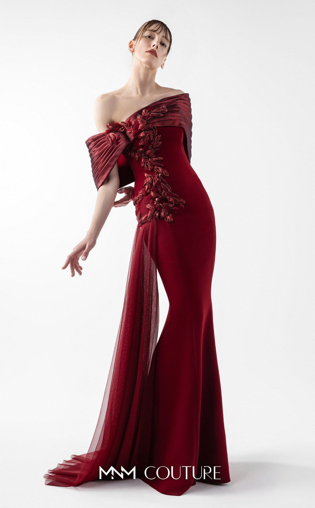 Prom Dresses Long Formal 3D Floral Mermaid Pleated Prom Dress MNM Couture G2022 Burgundy