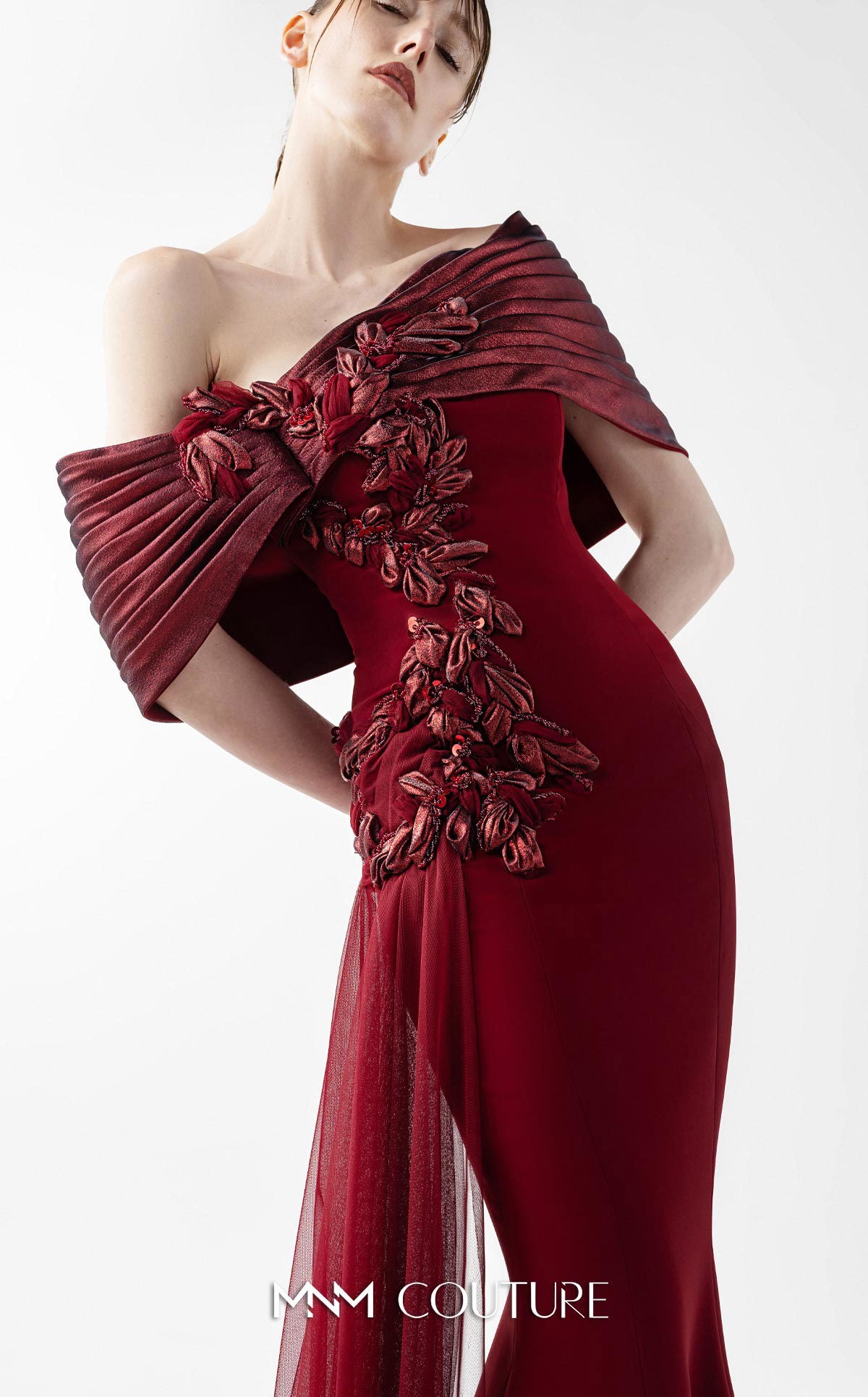 Prom Dresses Long Formal 3D Floral Mermaid Pleated Prom Dress MNM Couture G2022 Burgundy